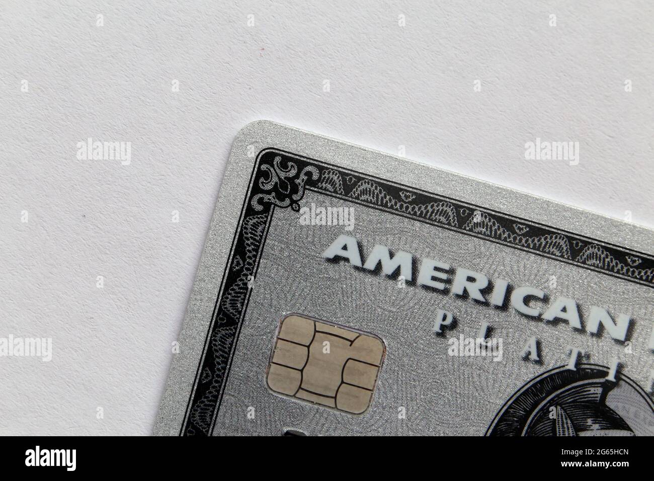 American Express Platinum (Amex Platinum) card in a closeup image - this is the old Amex Platinum made of plastic. April 2020, Espoo, Finland. Stock Photo