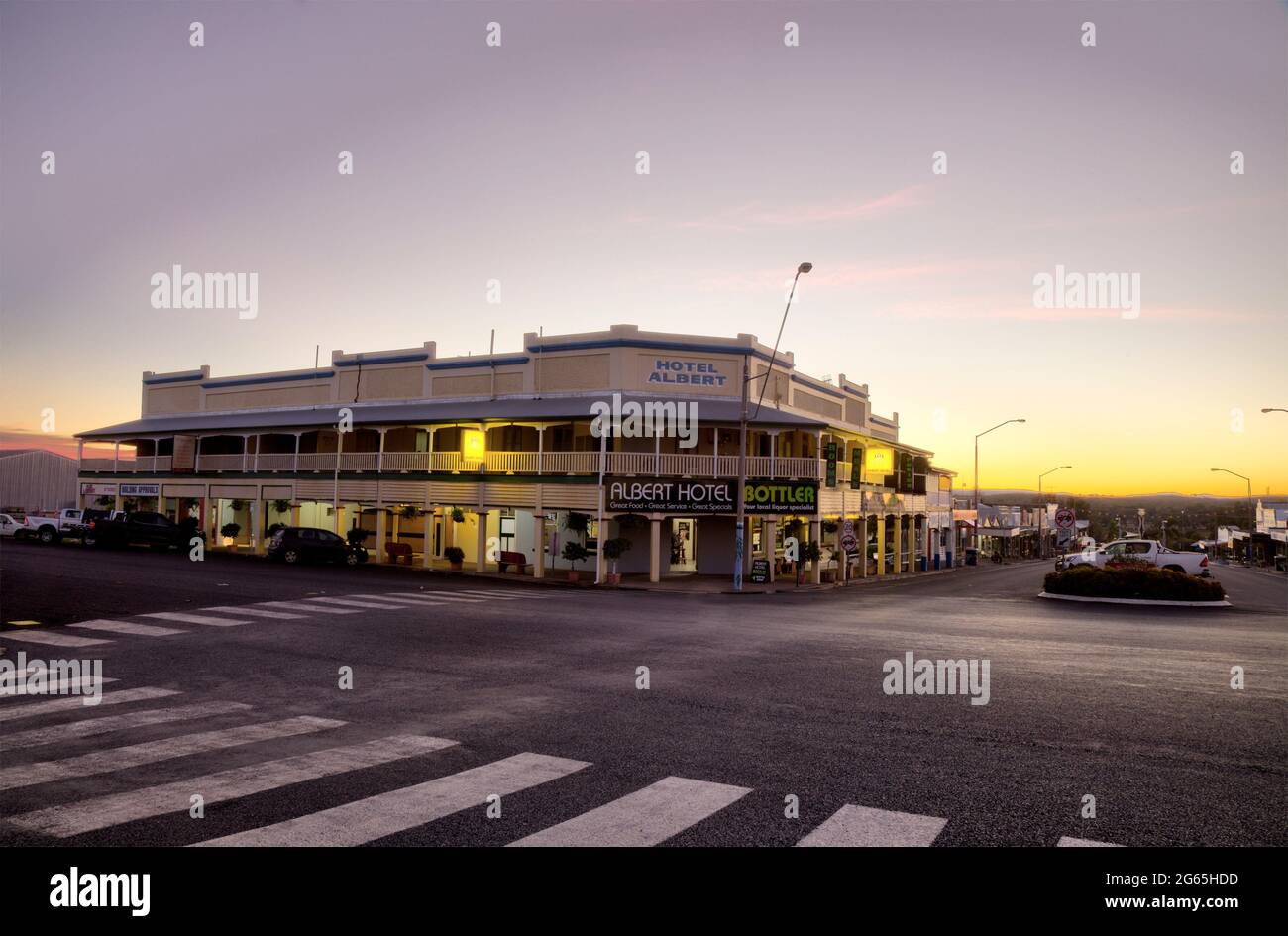 Sunset over the historic Hotel Albert Monto North Burnett Queensland Australia Stock Photo
