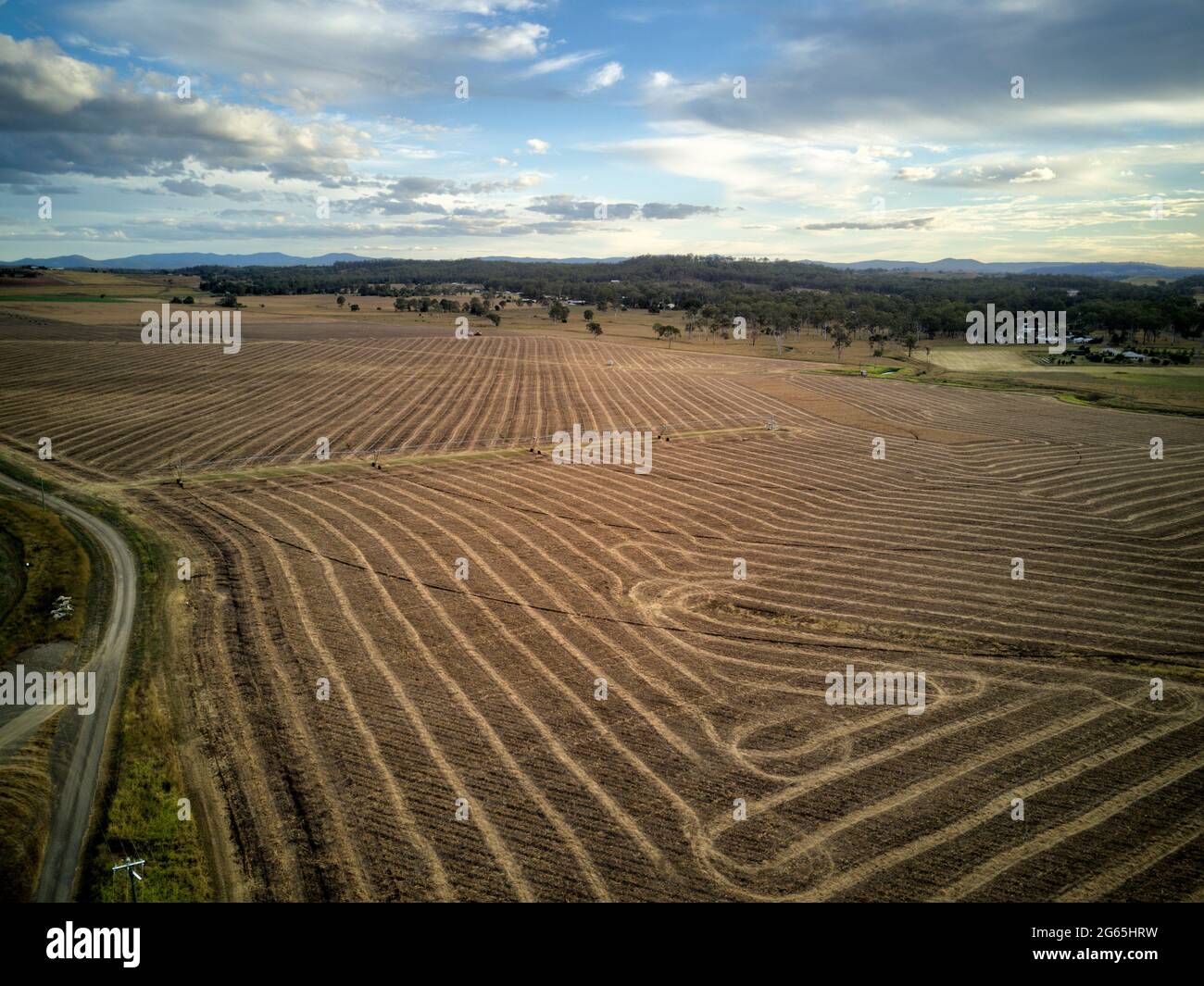 Aerial of harvested crop near Tirroan Gin Gin Queensland Australia