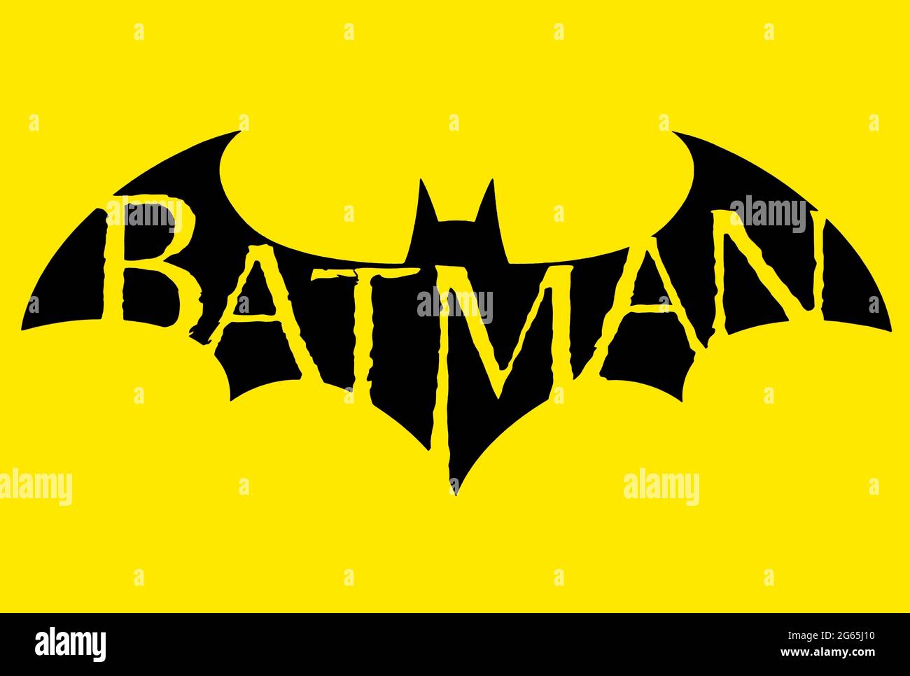 Bologna / Italy - June 30, 2021: The famous Batman logo, isolated on yellow background, to celebrate the Batman's 82th birthday. Stock Photo