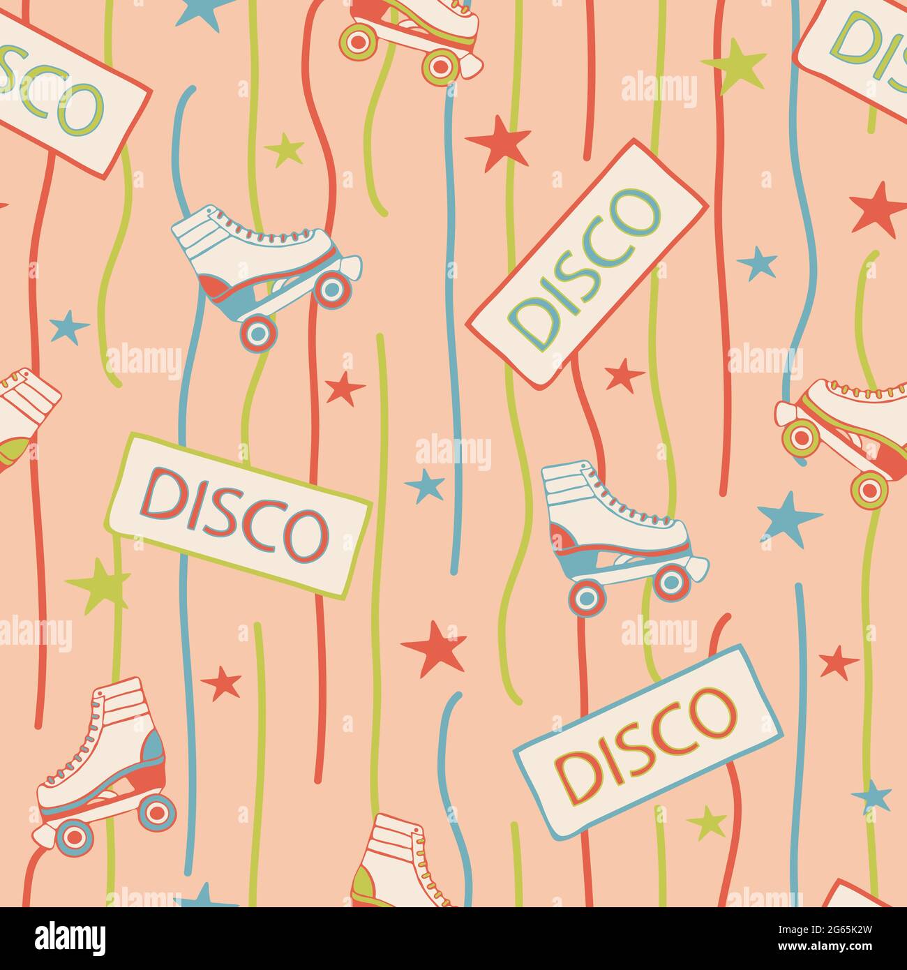 Seamless vector pattern with roller skates on pink background. Retro disco party repeat wallpaper design with stars. Stock Vector