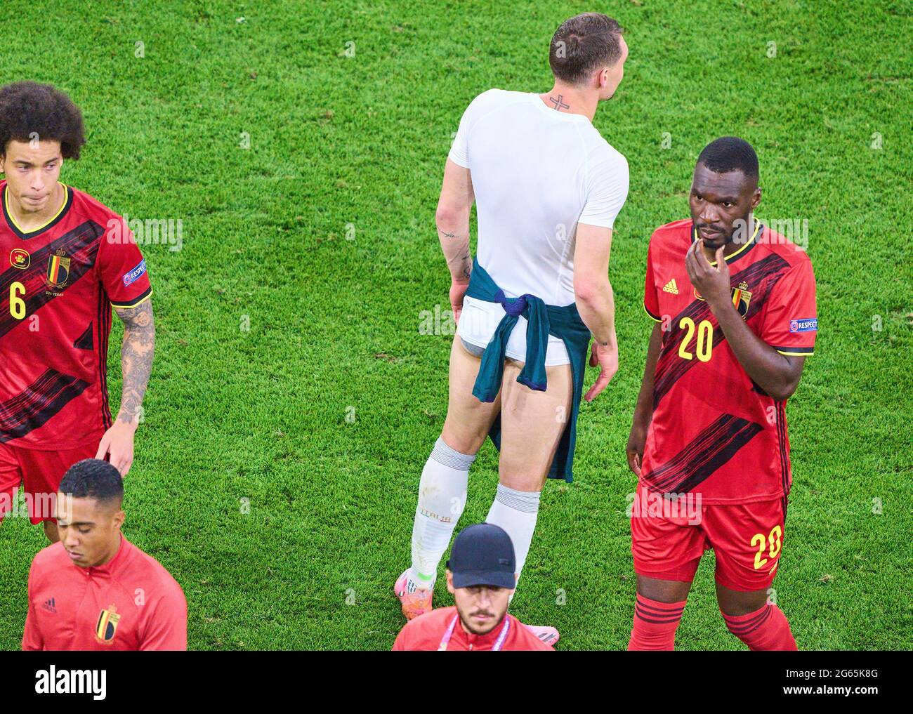 Alessandro Bastoni, ITA 23 without jersey and trousers, Axel WITSEL, Belgium Nr.6 Christian Benteke, Belgium Nr.20  in the quarterfinal match BELGIUM - ITALY  at the football UEFA European Championships 2020 in Season 2020/2021 on July 02, 2021  in Munich, Germany. © Peter Schatz / Alamy Live News Stock Photo