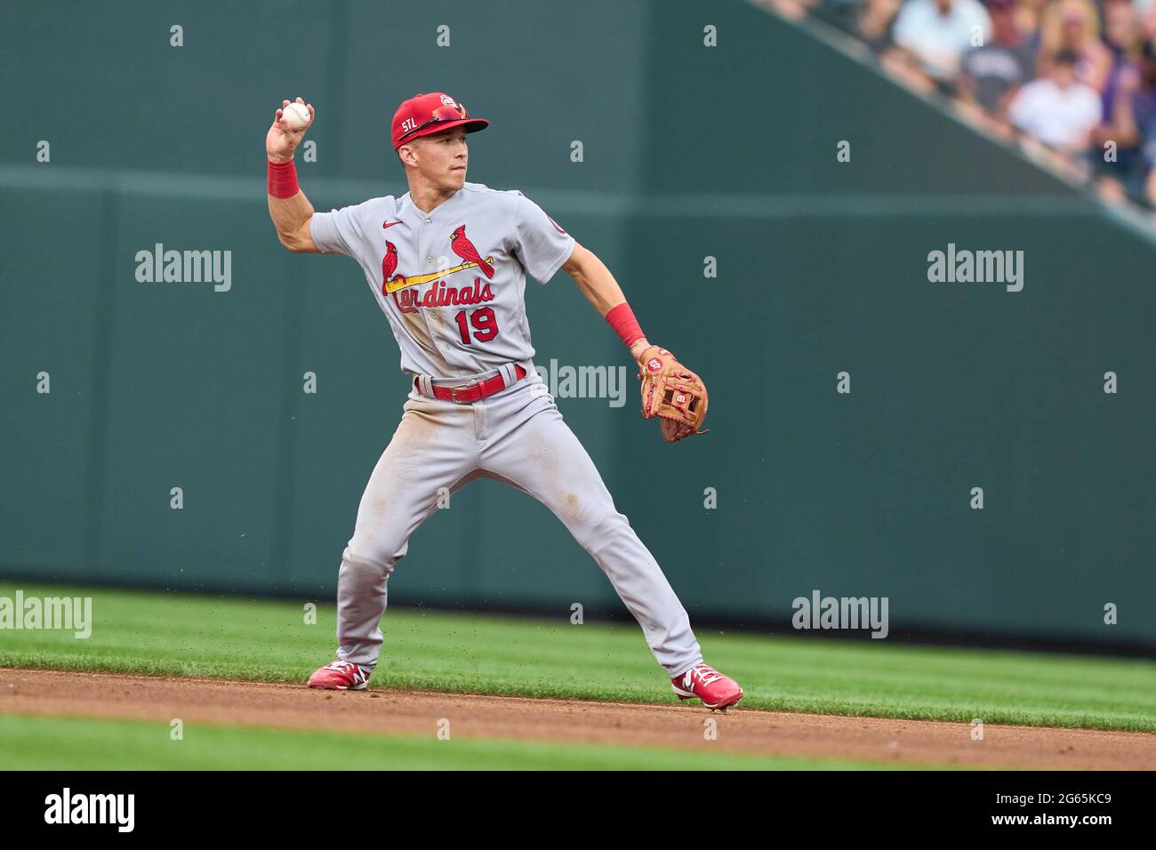 July 2. 2021: Saint Louis second basemen Tommy Edman (19) makes a play during the MLB game between the Saint Louis Cardinals and the Colorado Rockies held at Coors Field in Denver Co. David Seelig/Cal Sport Medi Stock Photo