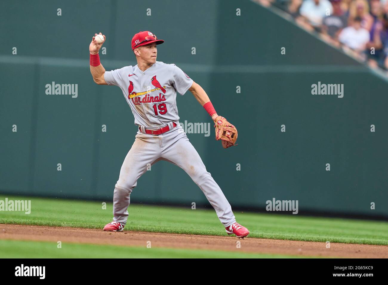 July 2. 2021: Saint Louis third basemen Nolan Arenado (28) swings the bat  during the MLB game between the Saint Louis Cardinals and the Colorado  Rockies held at Coors Field in Denver