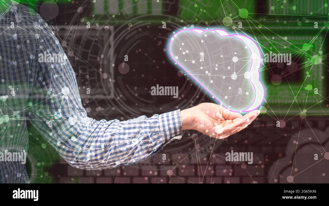 persons hand hold glowing cloud, data information digital storage concept Stock Photo
