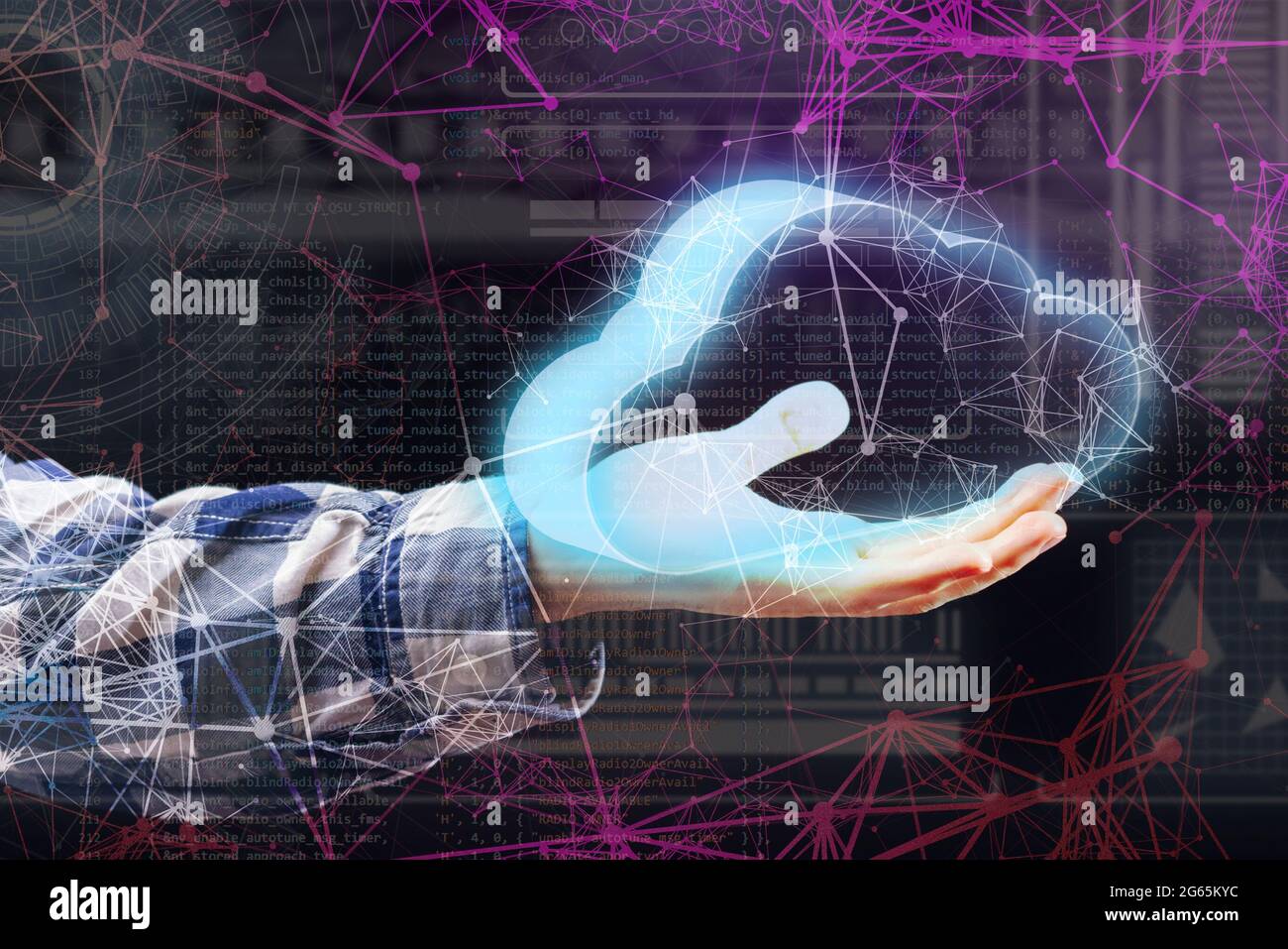 persons hand hold glowing cloud, data information digital storage concept Stock Photo
