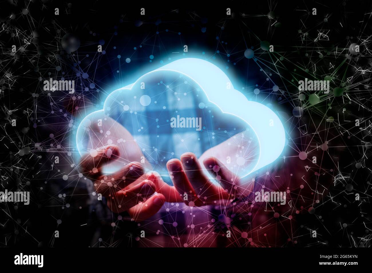 persons hand hold glowing cloud, data information digital storage concept Stock Photo