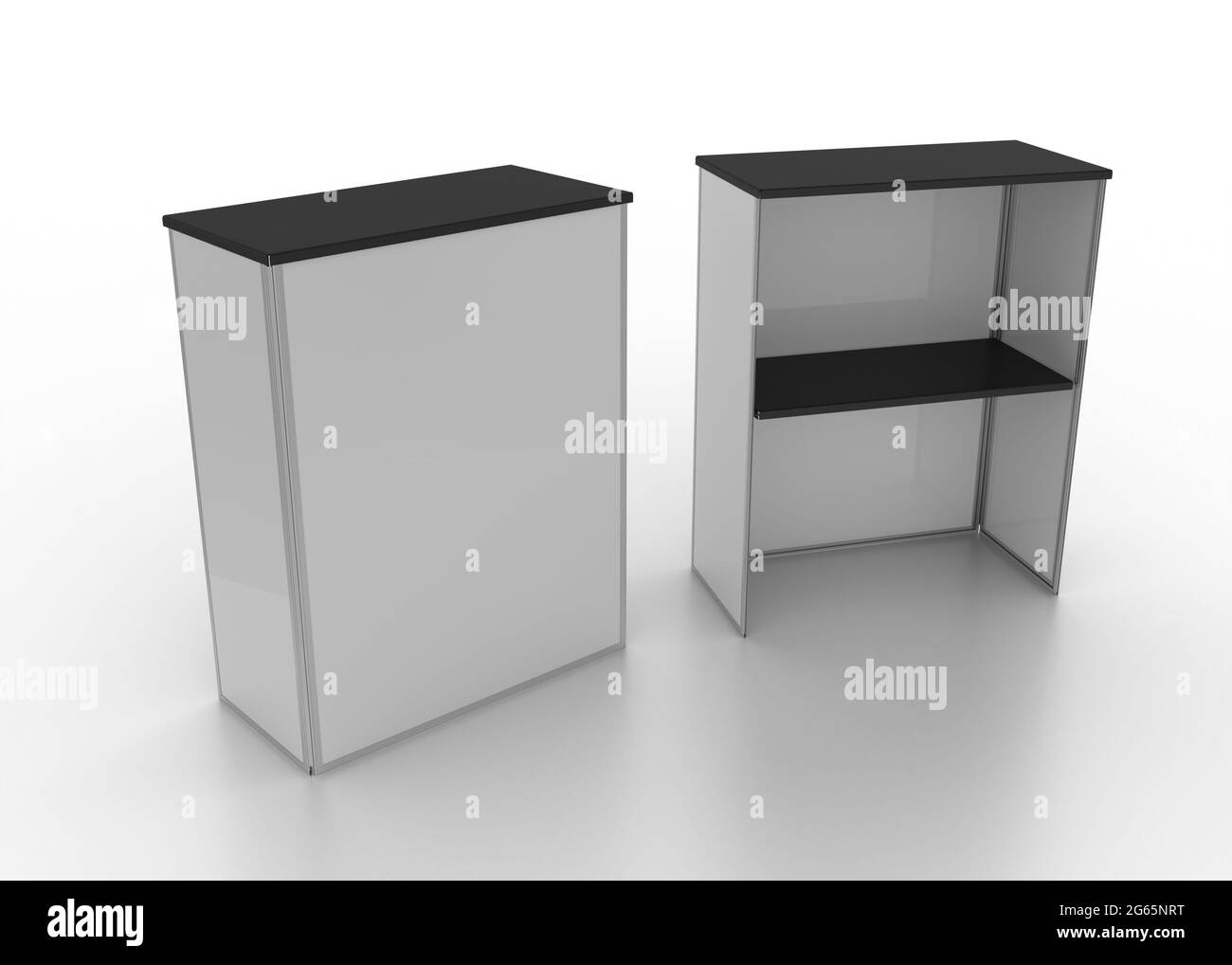 Point of Sale Table Isolated, POS Table, Marketing Counter Top, Template Mockup, 3D Rendering of an Aluminum Point of Sale Table, Steel Top and Shelf Stock Photo