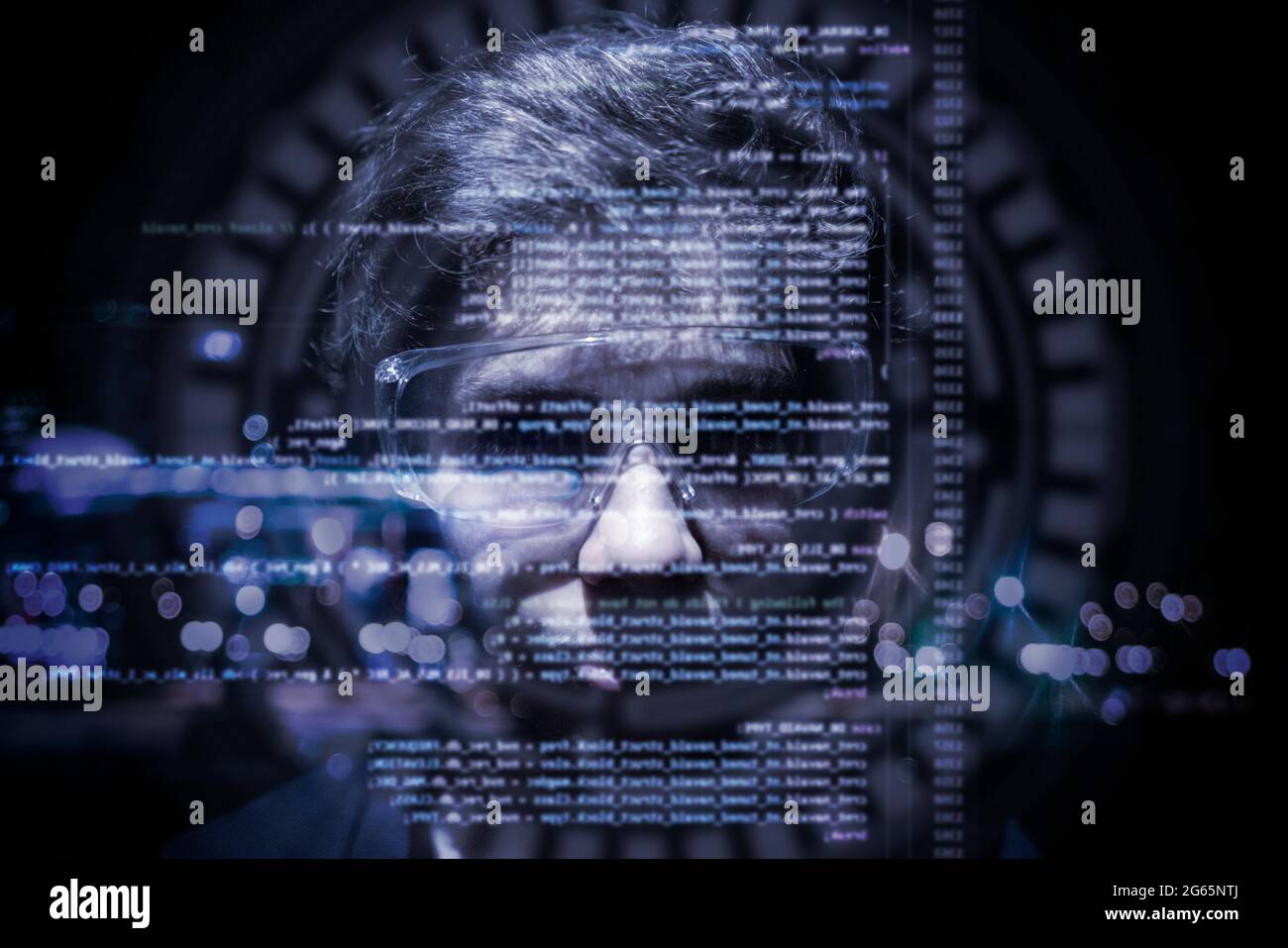 virtual binary computer code in front of young mans face Stock Photo ...