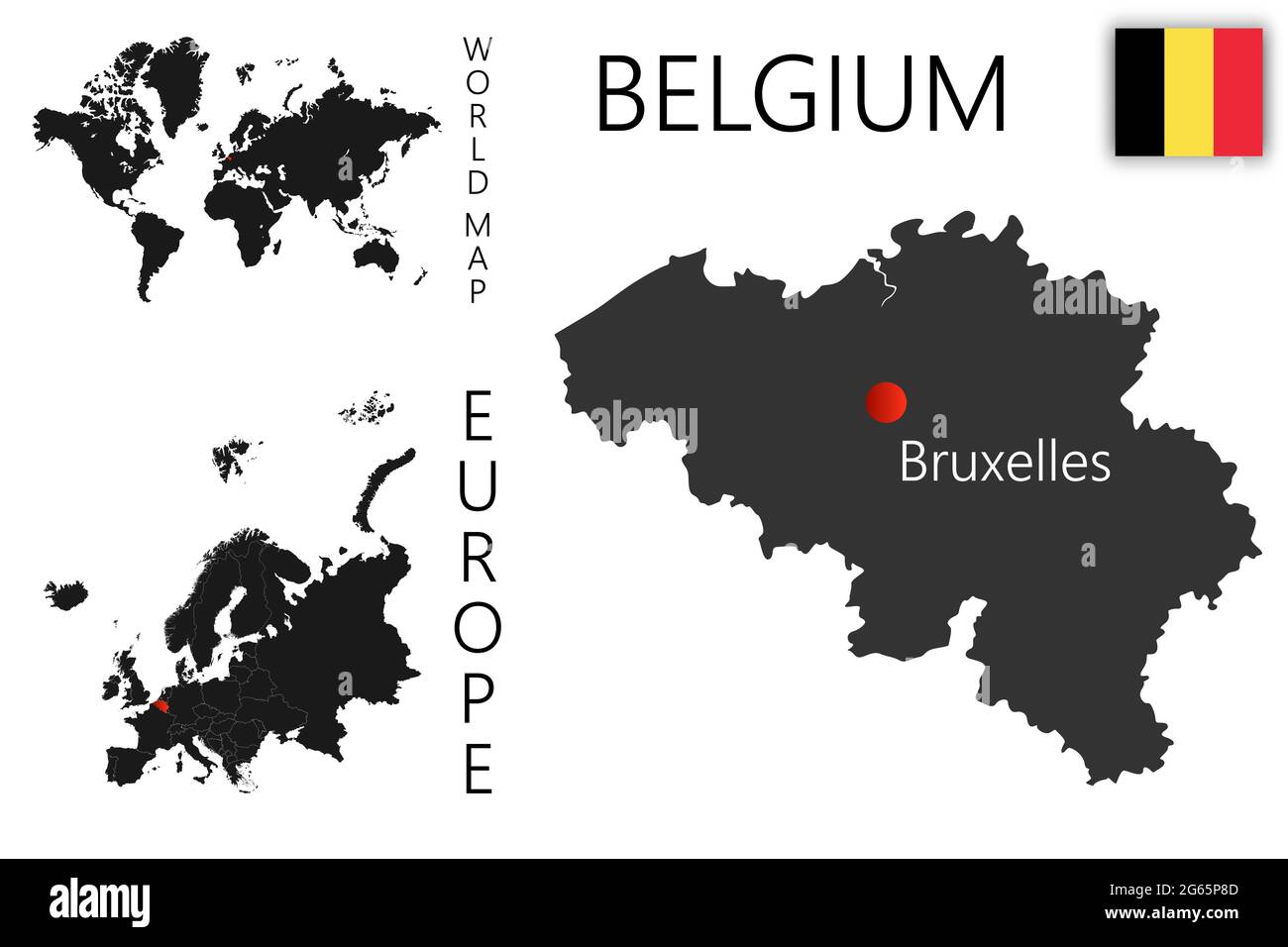 Vector map of Belgium with flag. The location of the country on the map of the world and Europe