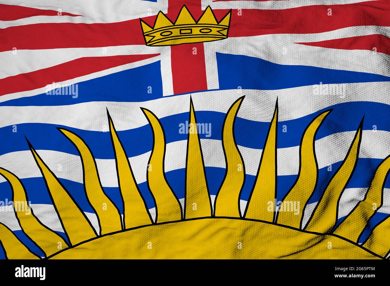 Full frame close-up on a waving flag of British Columbia (Canada) in 3D rendering. Stock Photo