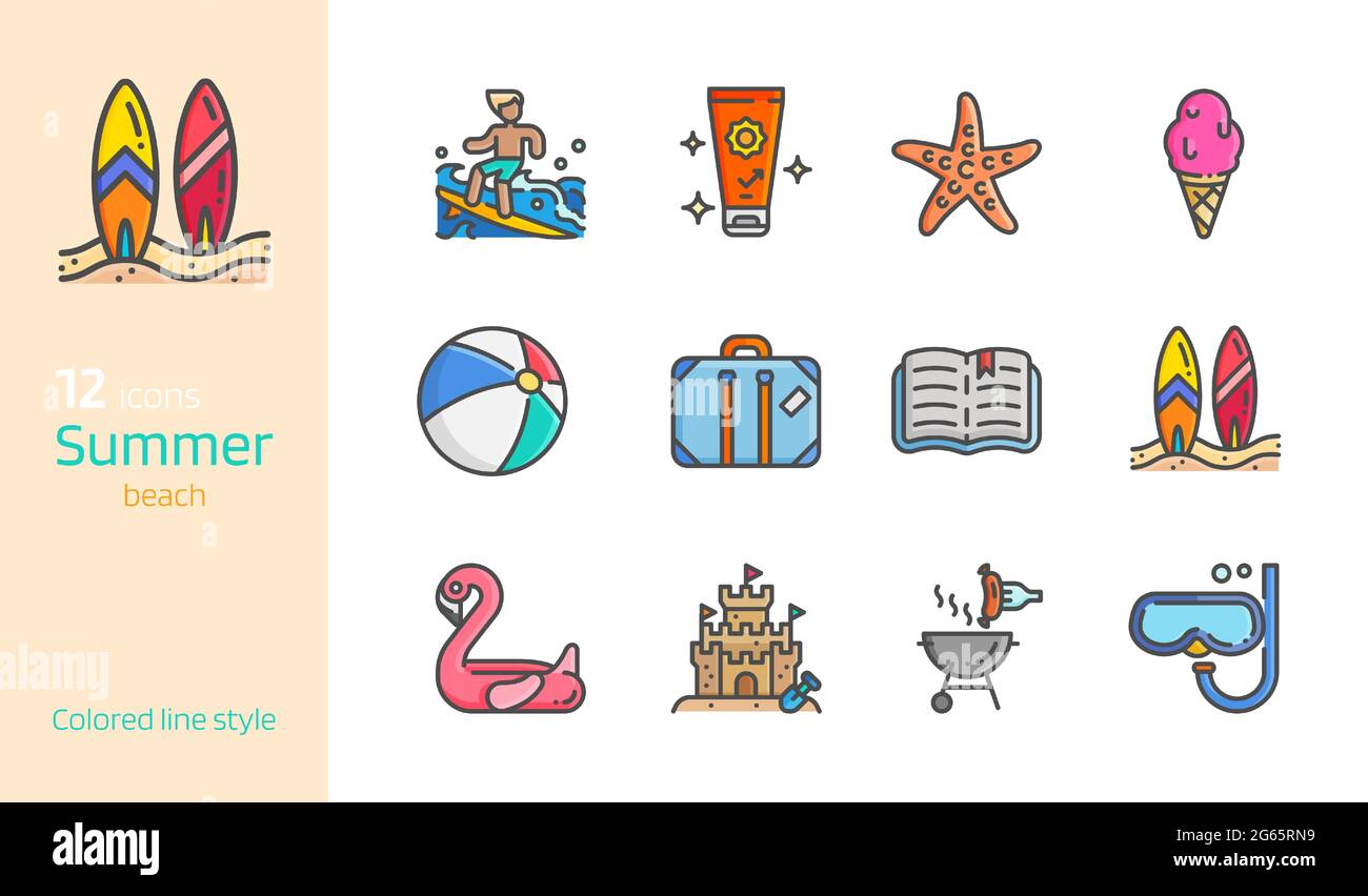 Summer beach colored line icon set vector illustration. Stock Vector