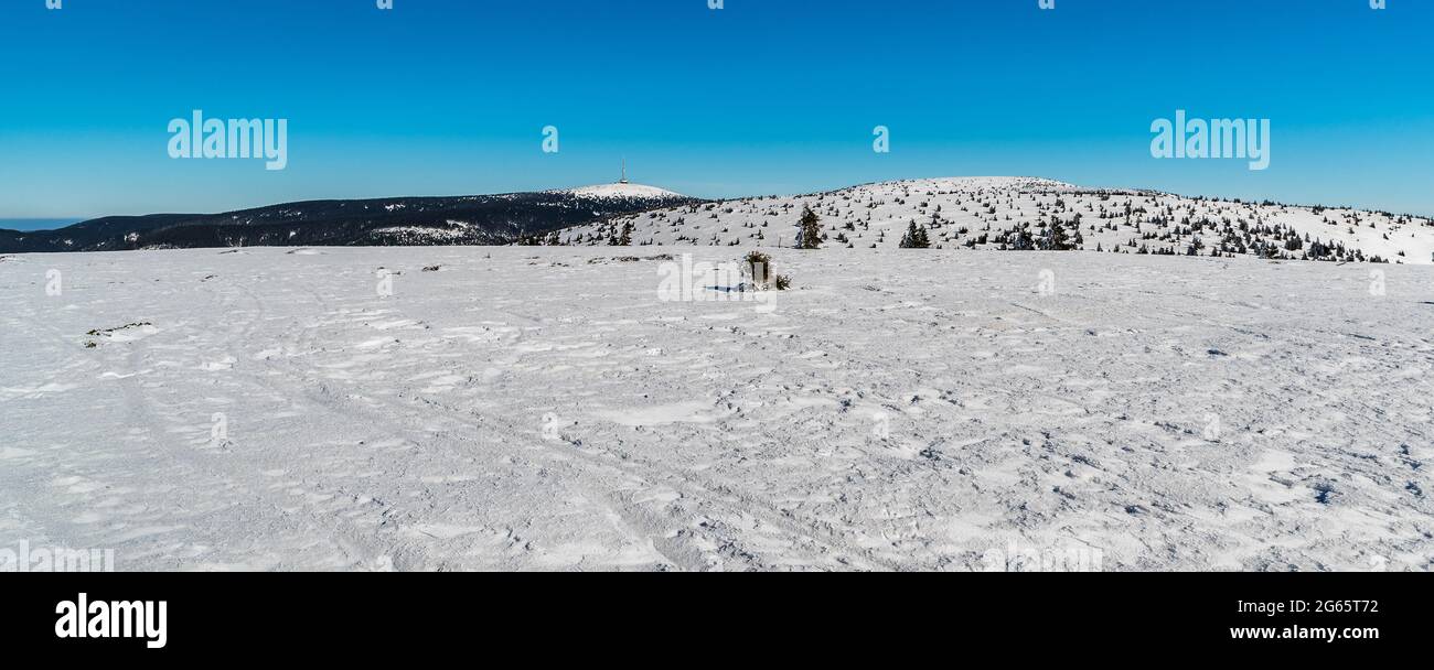 Winter Jeseniky mountains with highest Praded hill from Jeleni hrbet hill above Jeleni studanka in Czech republic Stock Photo
