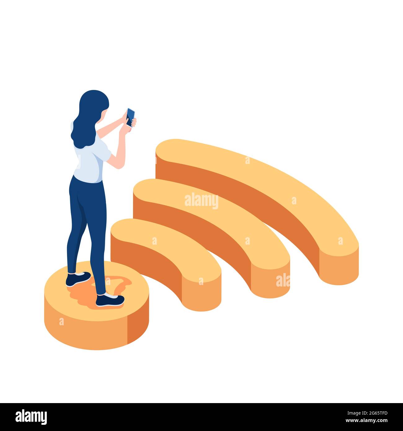 Flat 3d Isometric Woman Standing on Wifi Symbol and Using Smartphone. Internet Connection and Wireless Communication Concept. Stock Vector