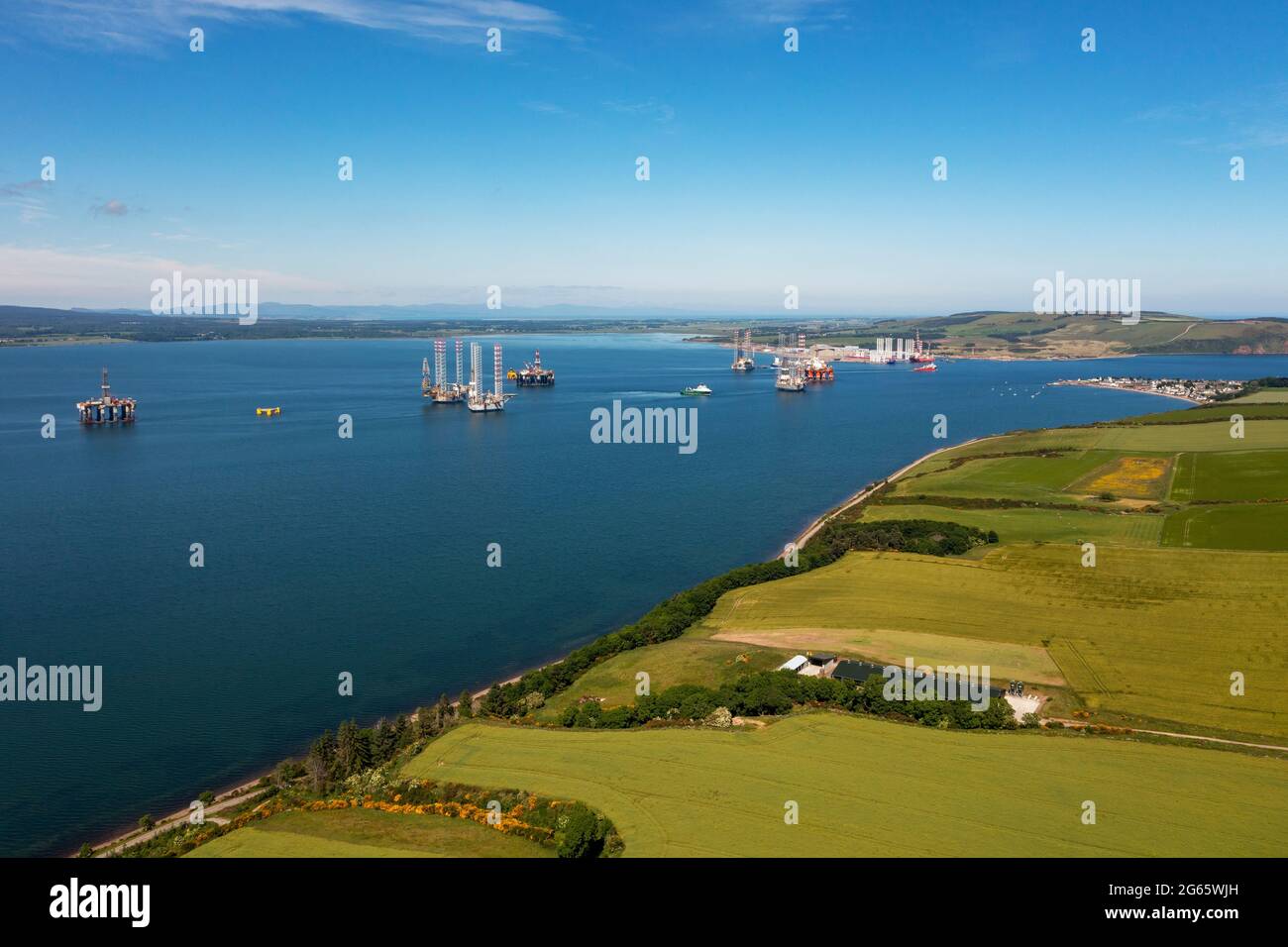 Aerial view of Nigg bay at the mouth of the Cromarty Firth, Ross and Cromarty, Scotland, UK. Stock Photo