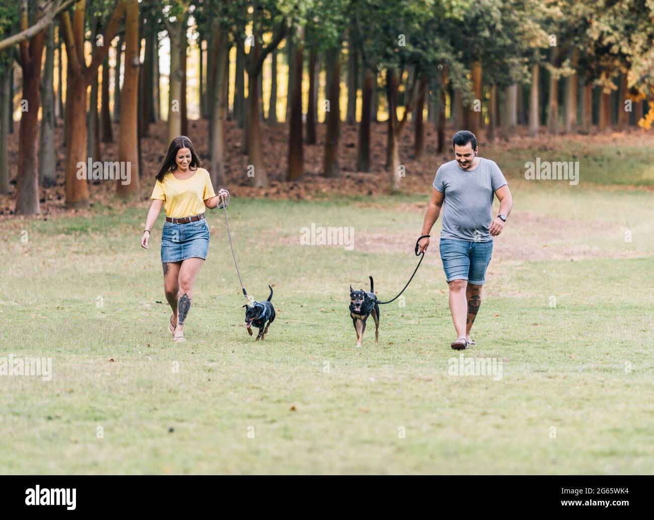 Couple walking with their dog on leash in a park Stock Photo