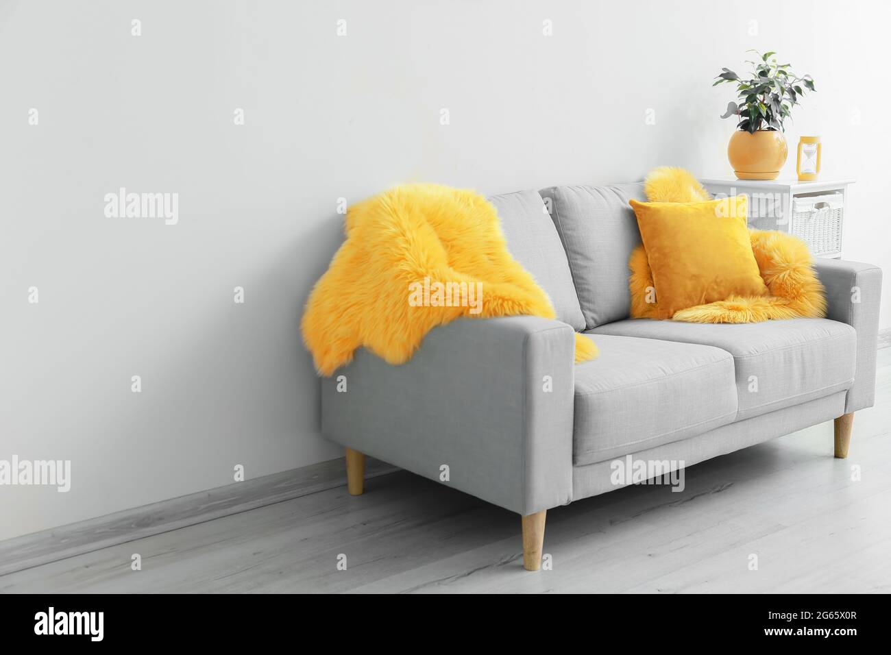 Trendy interior of living room with grey sofa Stock Photo - Alamy