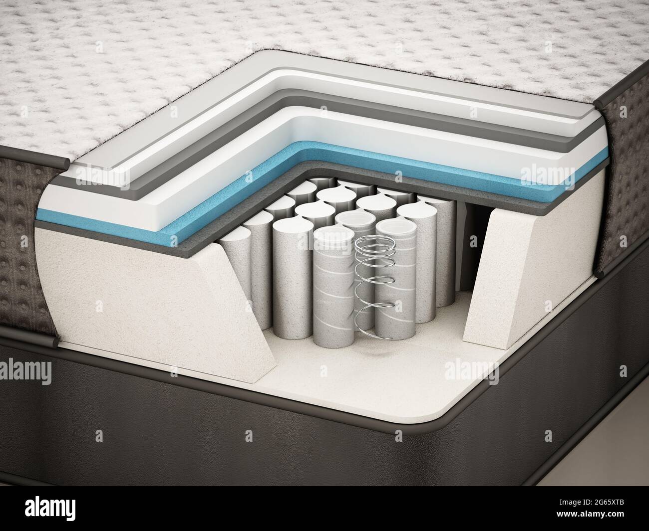 Cross section showing a mattress and the springs inside. 3D illustration. Stock Photo