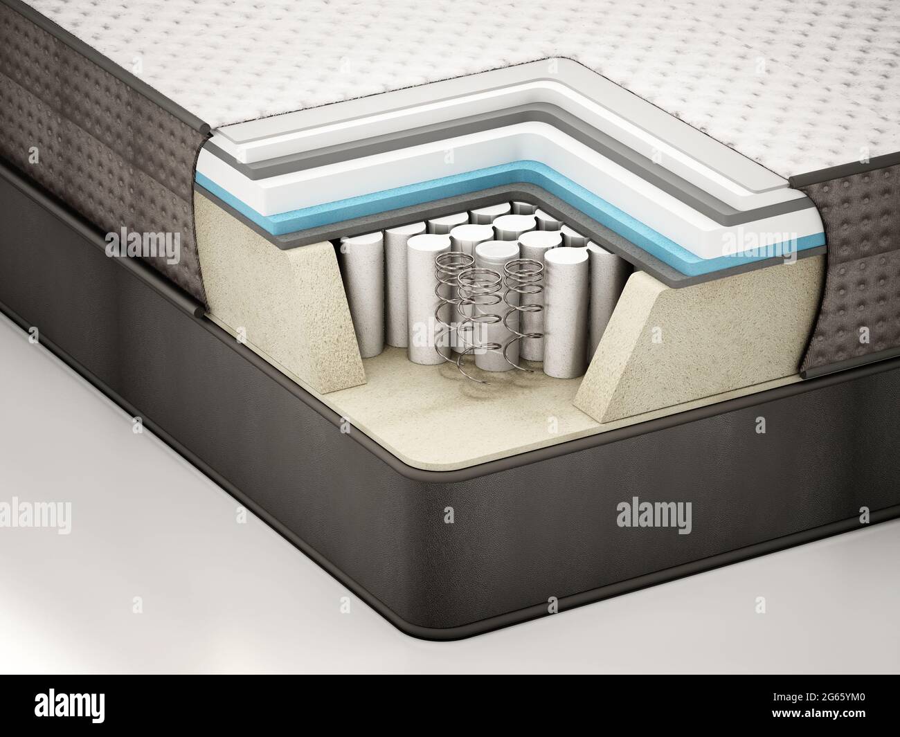 Cross section showing a mattress and the springs inside. 3D illustration. Stock Photo