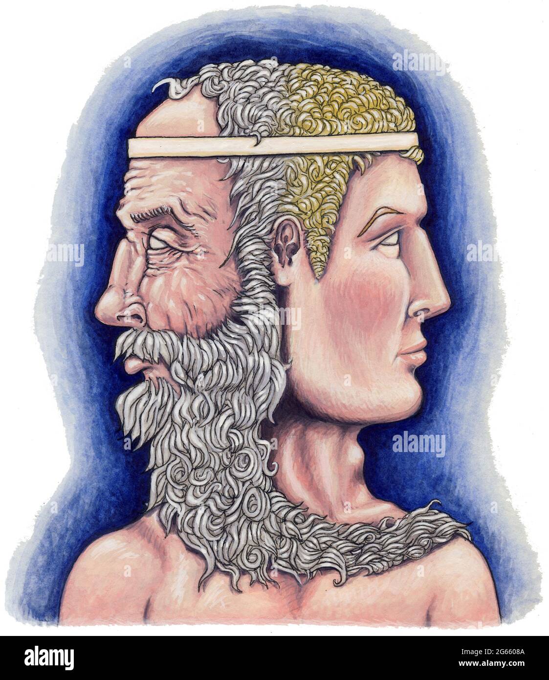 Art work illustration of the Roman god Janus with two faces, one young, one old Janus represented time, transitions, duality, beginning and end of war Stock Photo