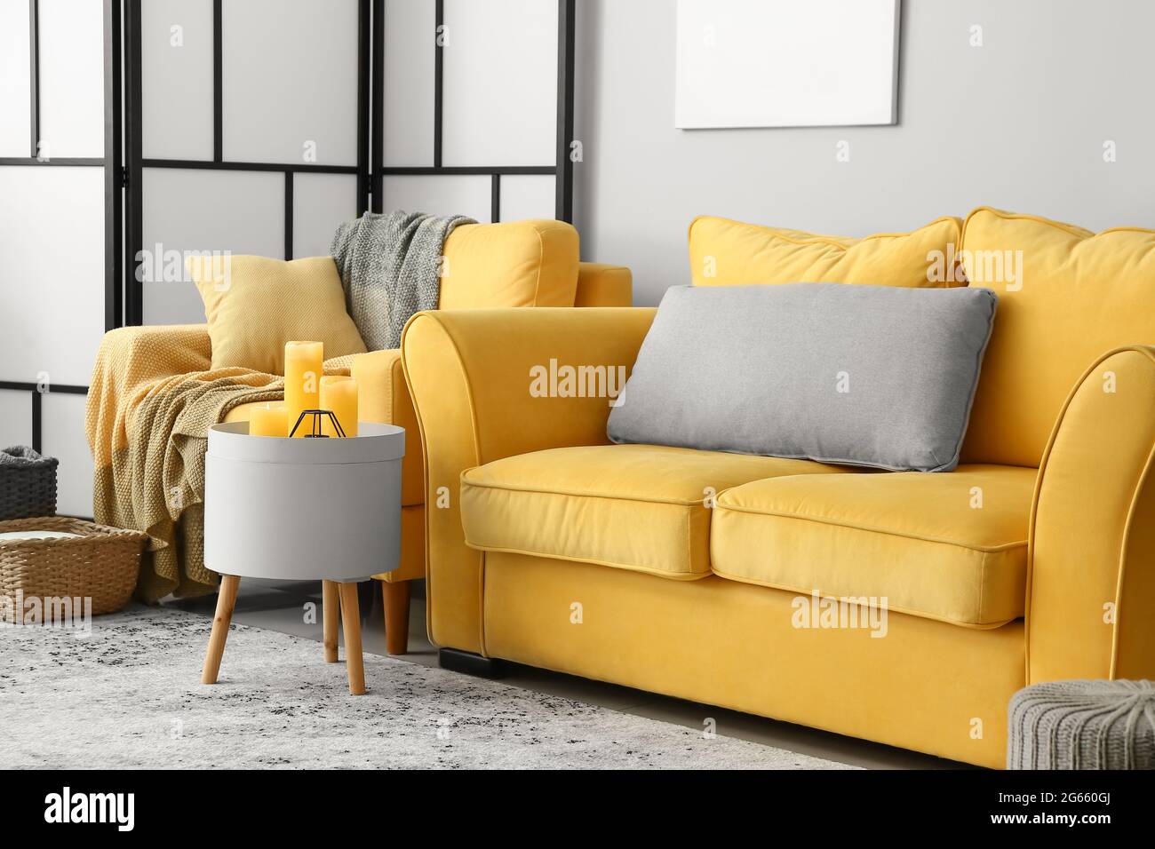 Interior of stylish living room with comfortable sofa Stock Photo - Alamy