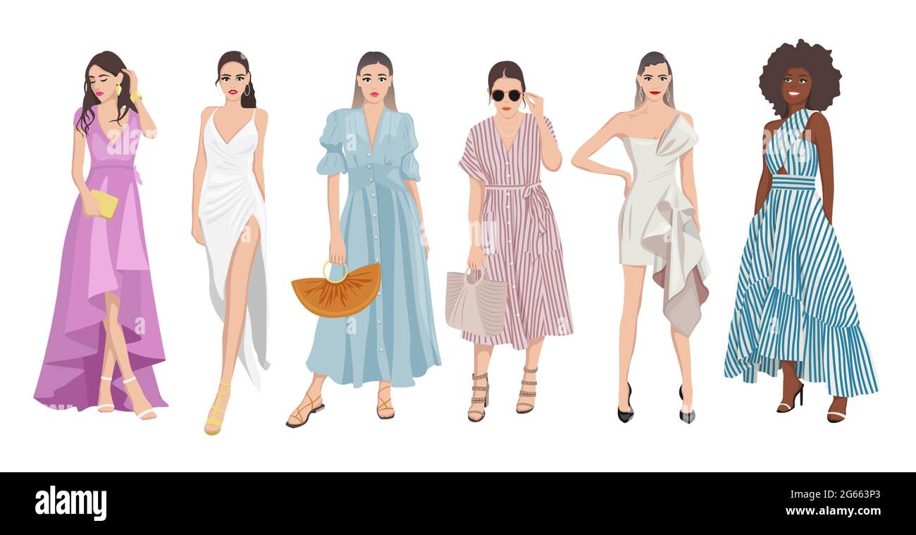 Set of women dressed in stylish trendy pastel color summer spring prom dress clothes 2021 - fashion street style Stock Vector