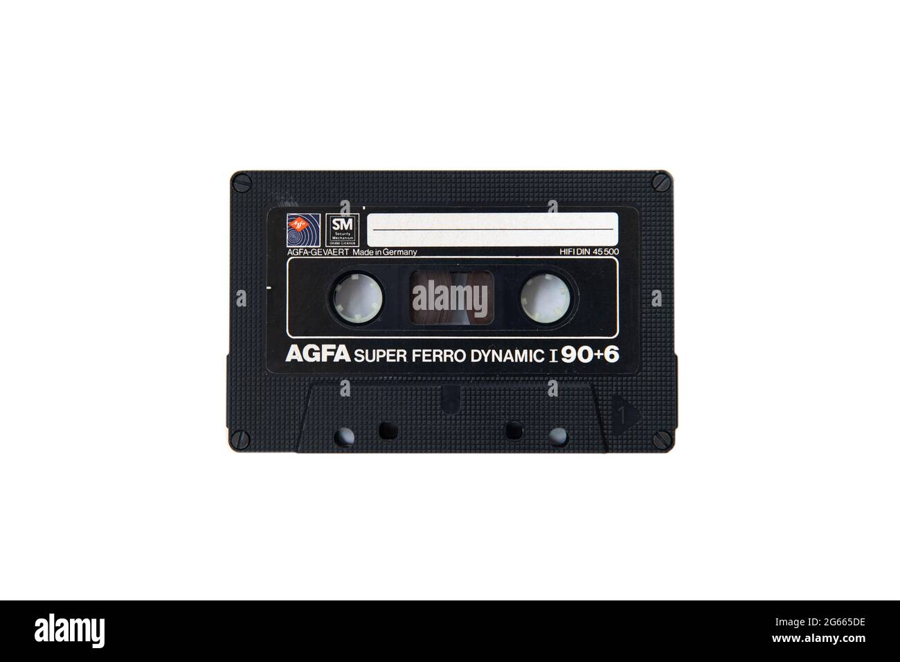Black AGFA audio cassette, retro audio technology, on white background Stock Photo
