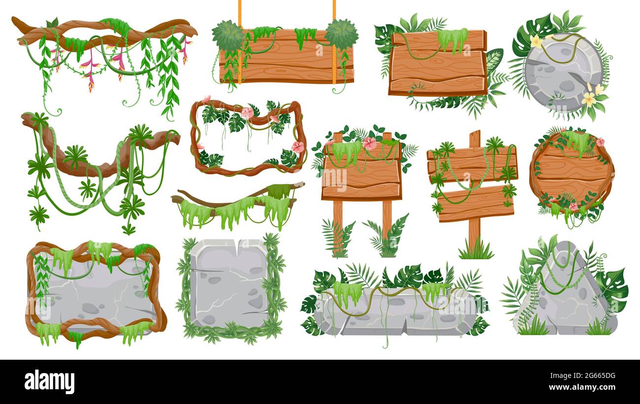 Jungle wooden and stone signs. Tropical game ui elements, signboards, panels, frames, borders and buttons with lianas and leaves vector set Stock Vector