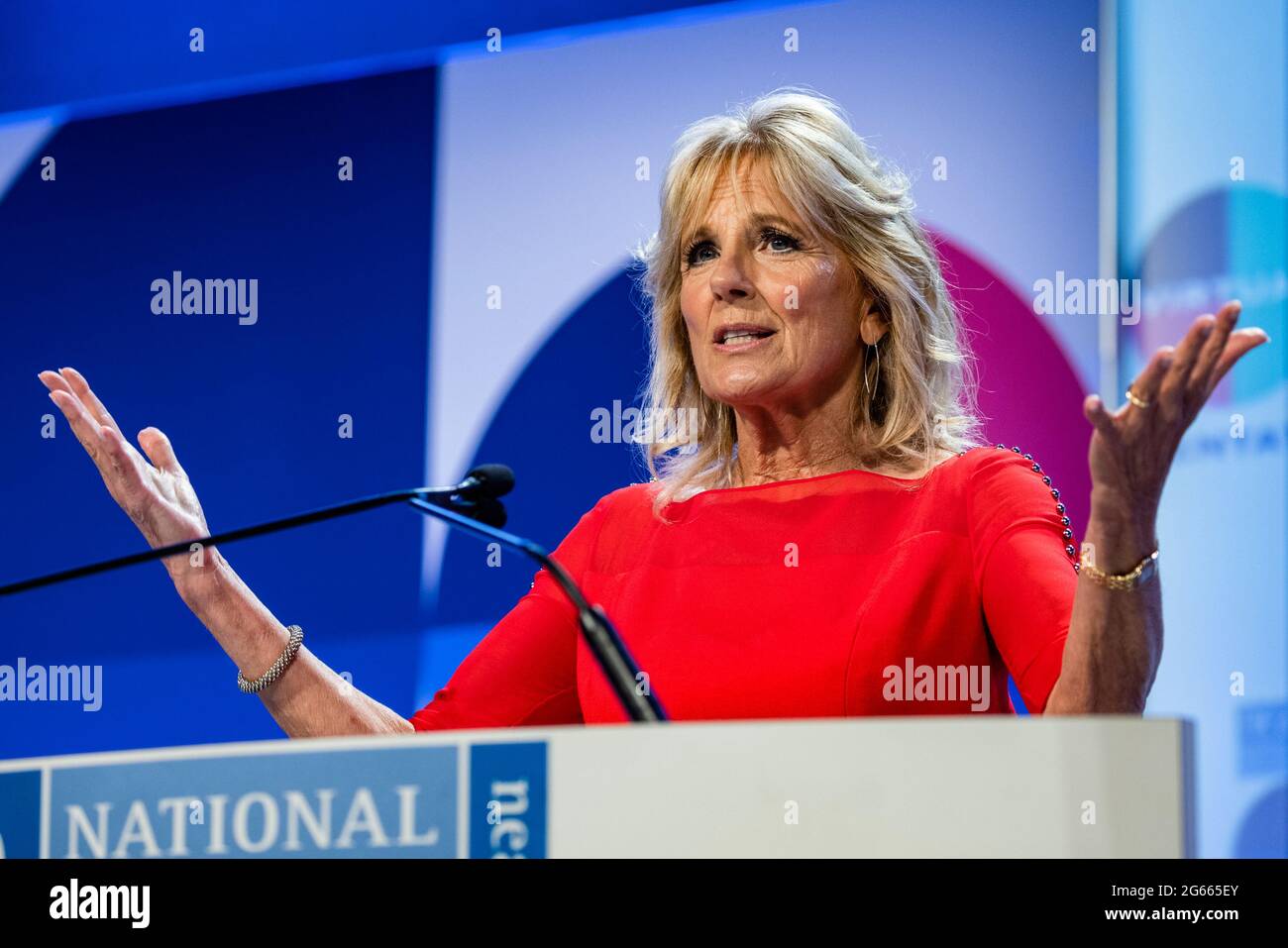 First lady Dr. Jill Biden speaks during the National Education Association's annual meeting and representative assembly event in Washington, DC, U.S., on Friday, July 2, 2021. U.S. job growth accelerated in June, suggesting firms are having greater success recruiting workers to keep pace with the broadening of economic activity.Credit: Samuel Corum/Pool via CNP /MediaPunch Stock Photo