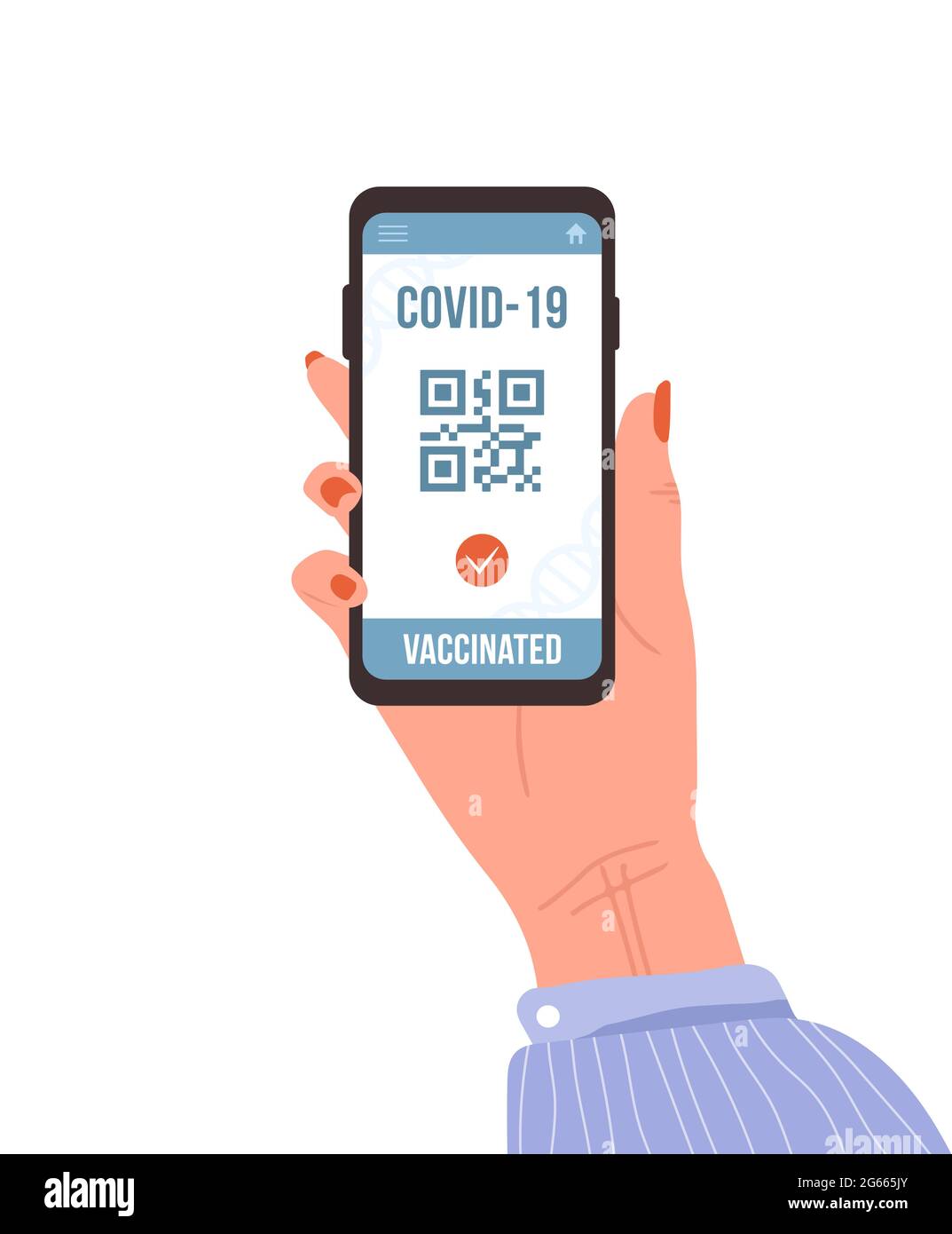 QR code with vaccine passport. Check of safety from covid-19. Female hand holding smartphone with electronic result on digital screen. Vector Stock Vector