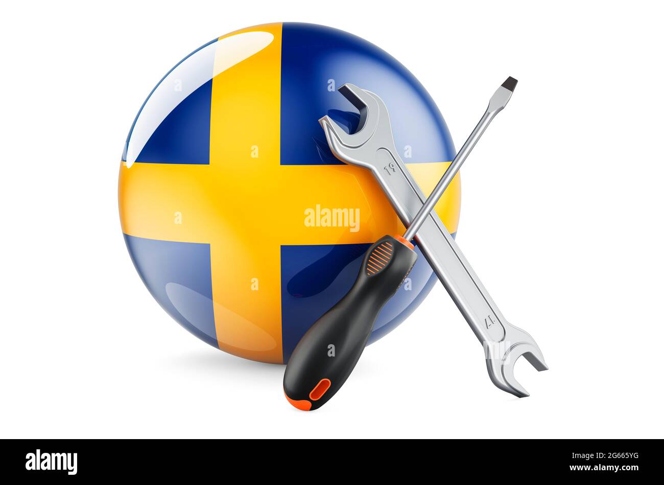 Service and repair in Sweden concept. Screwdriver and wrench with Swedish flag, 3D rendering isolated on white background Stock Photo