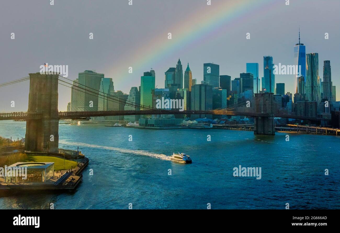 Rainbow over the Brooklyn Bridge and Lower Manhattan skyline in New ...