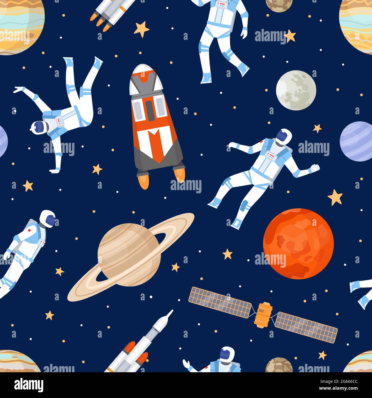 Outer space seamless pattern. Print with dancing astronaut, spaceships, satellite, stars and planets. Cosmic adventure flat vector texture Stock Vector