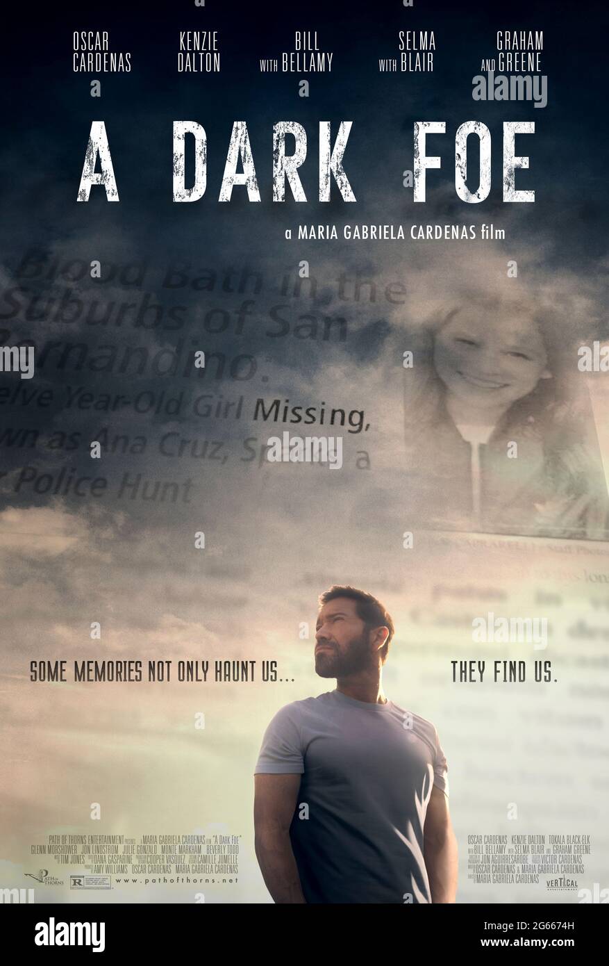 A Dark Foe (2020) directed by Maria Gabriela Cardenas and starring Oscar Cardenas, Kenzie Dalton and Selma Blair. An FBI agent suffering from Nyctophobia (a fear of the dark) finds himself facing off against a serial killer who once abducted his sister. Stock Photo