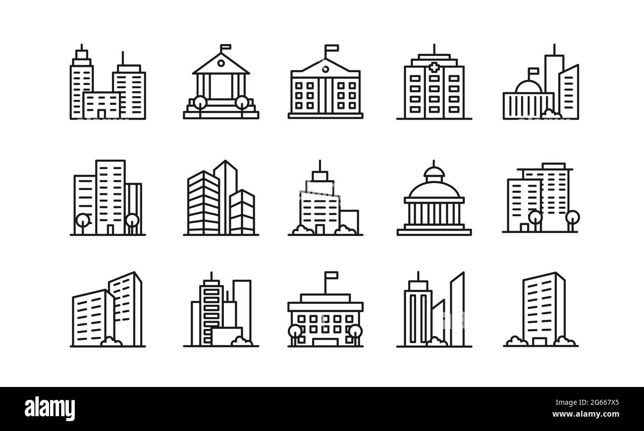 Big city buildings linear icons set. Urban architecture. State institutions, religious and cultural monuments. Educational centres and residential Stock Vector