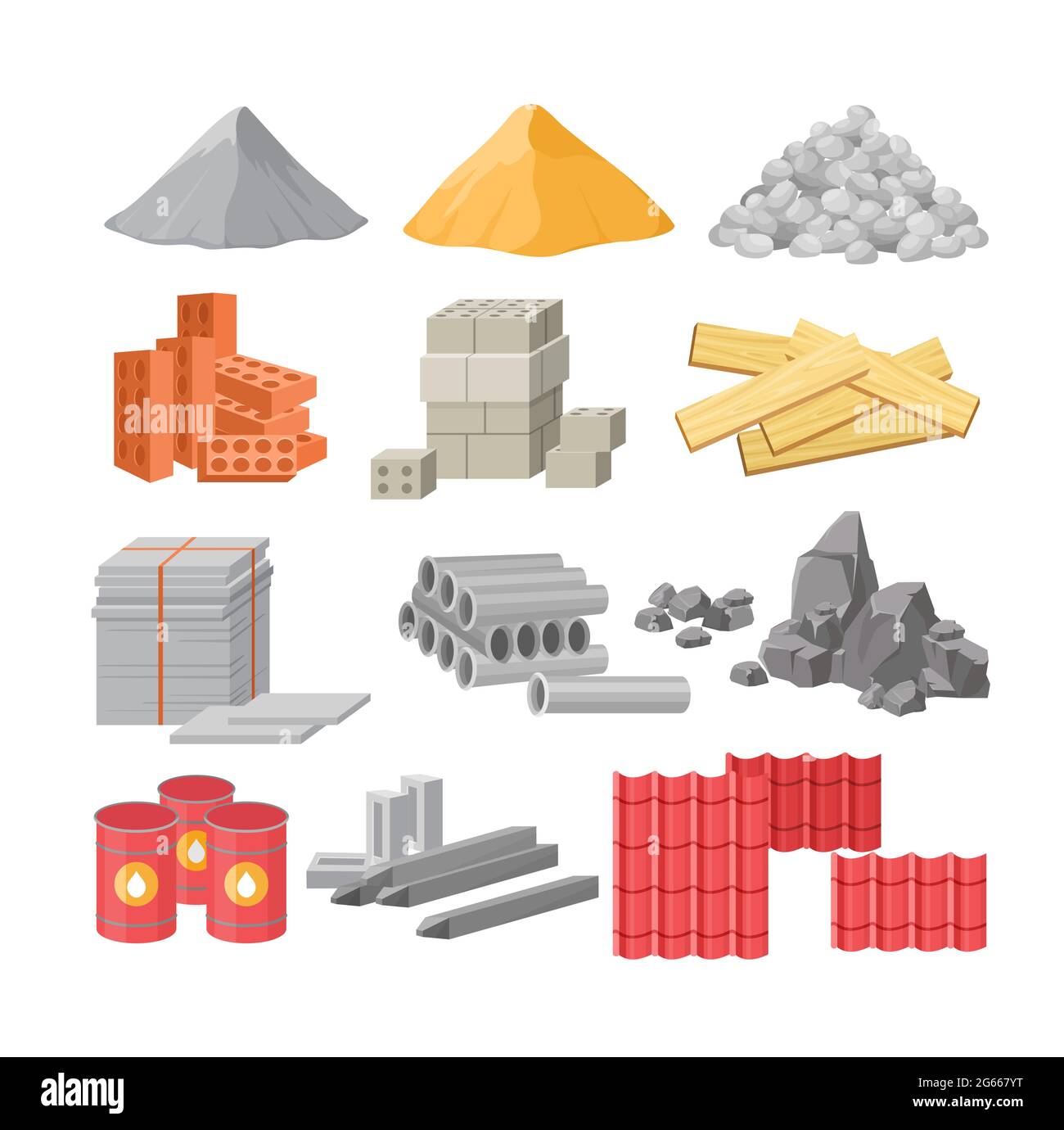Building materials flat vector illustrations set. Cement, sand and gravel piles. Construction, renovation works supplies. Bricks and timber isolated Stock Vector