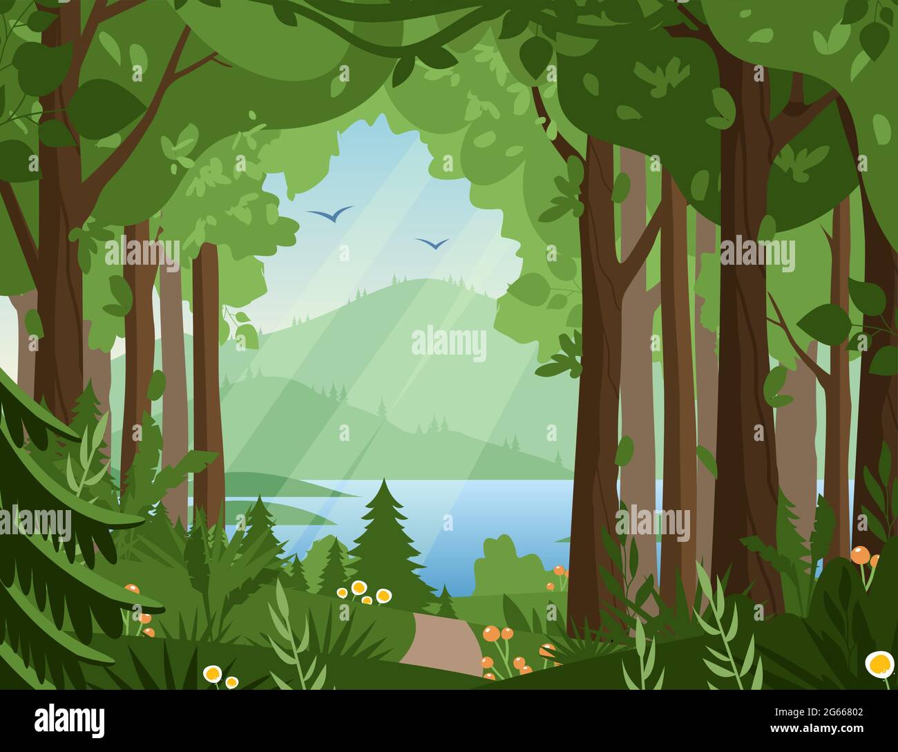 Forest vector landscape flat vector illustration. Woodland scenery, wildlife panorama, lake and mountains, hilly terrain scene. Nature, summertime Stock Vector