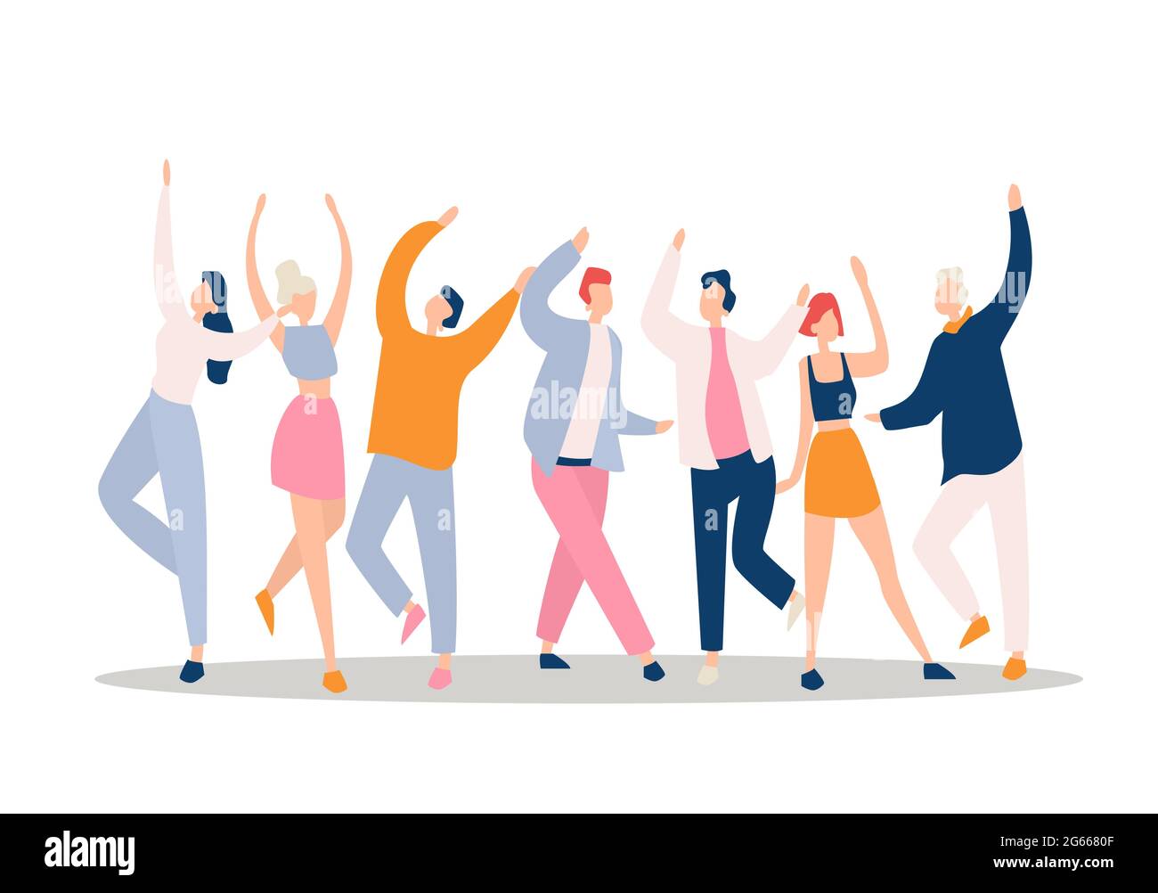 Dance party flat vector illustration. Night club, holiday, active leisure, recreation. Dancers raising hands, young people group dancing together Stock Vector