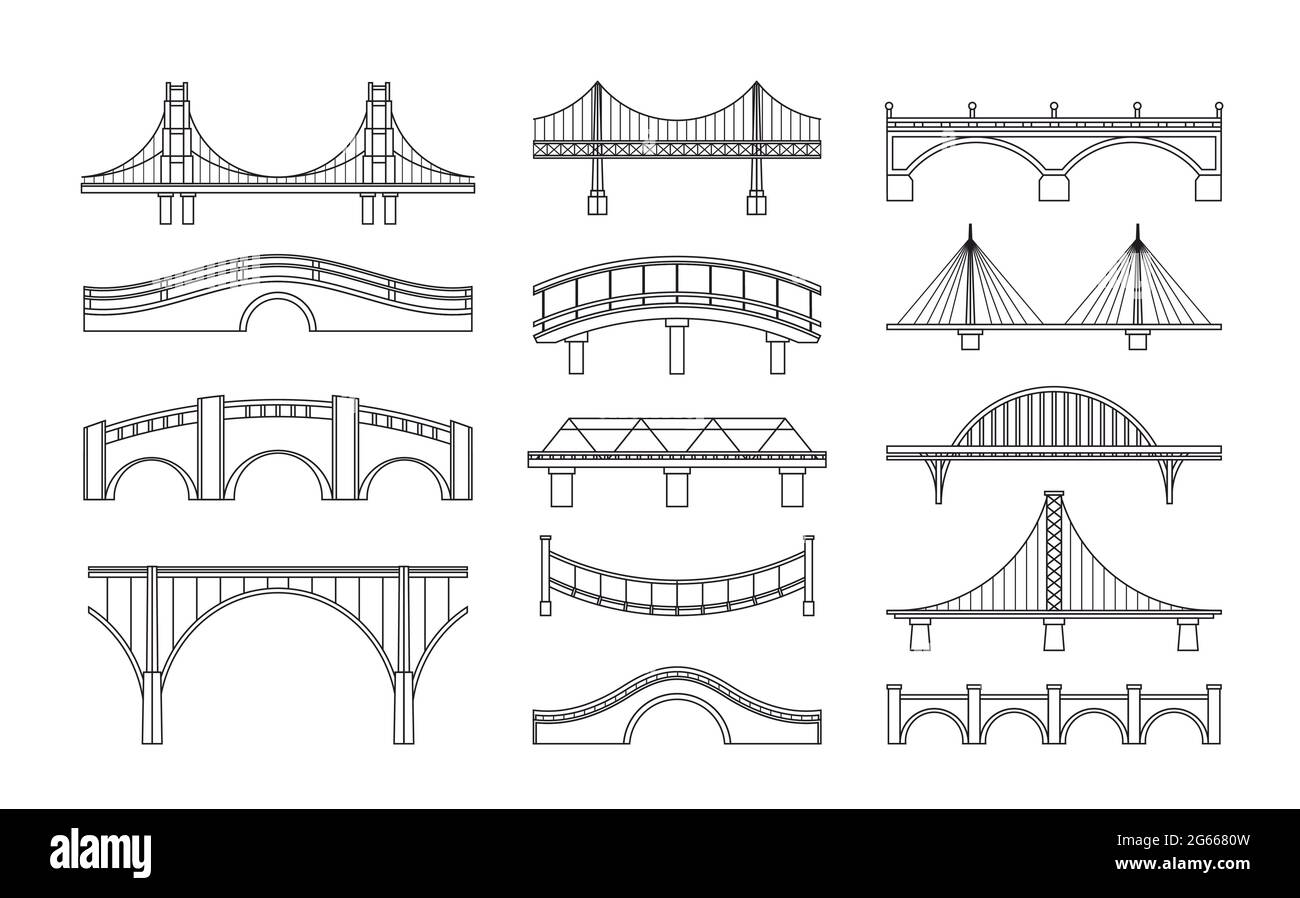 Vector illustration set of bridges icons. Types of bridges. Linear style icon collection of different bridges. Possible use in infographic design Stock Vector