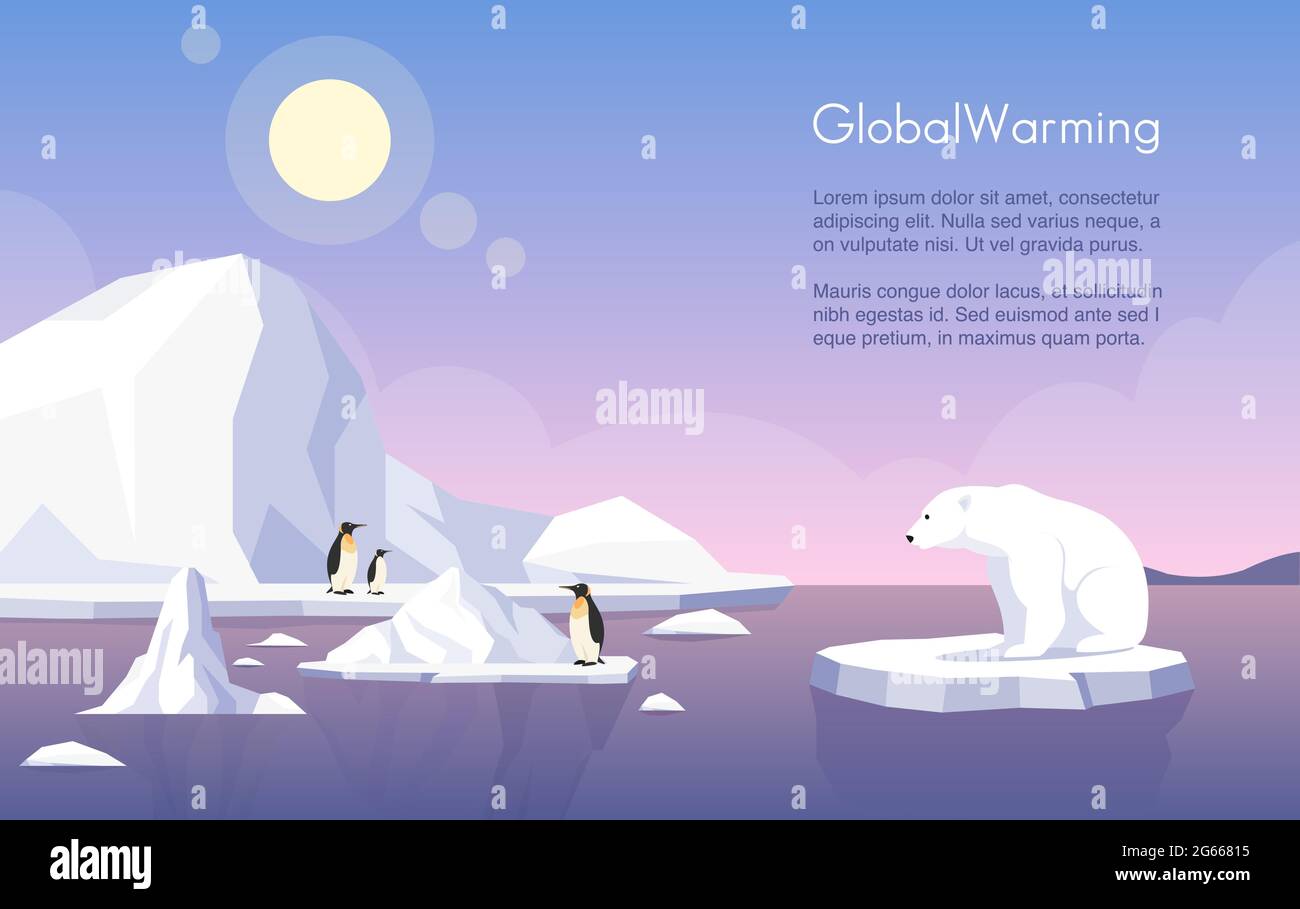 Global warming vector banner template. North Pole, melting glaciers, penguins and polar bear on ice floe flat illustration with text space. Climate Stock Vector