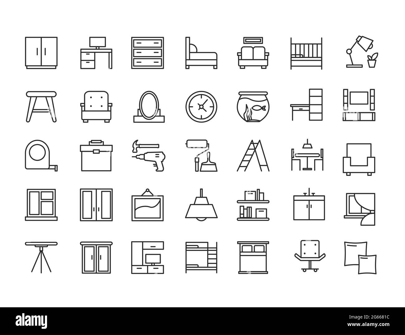 Furniture, devices and decor object outline line icon vector