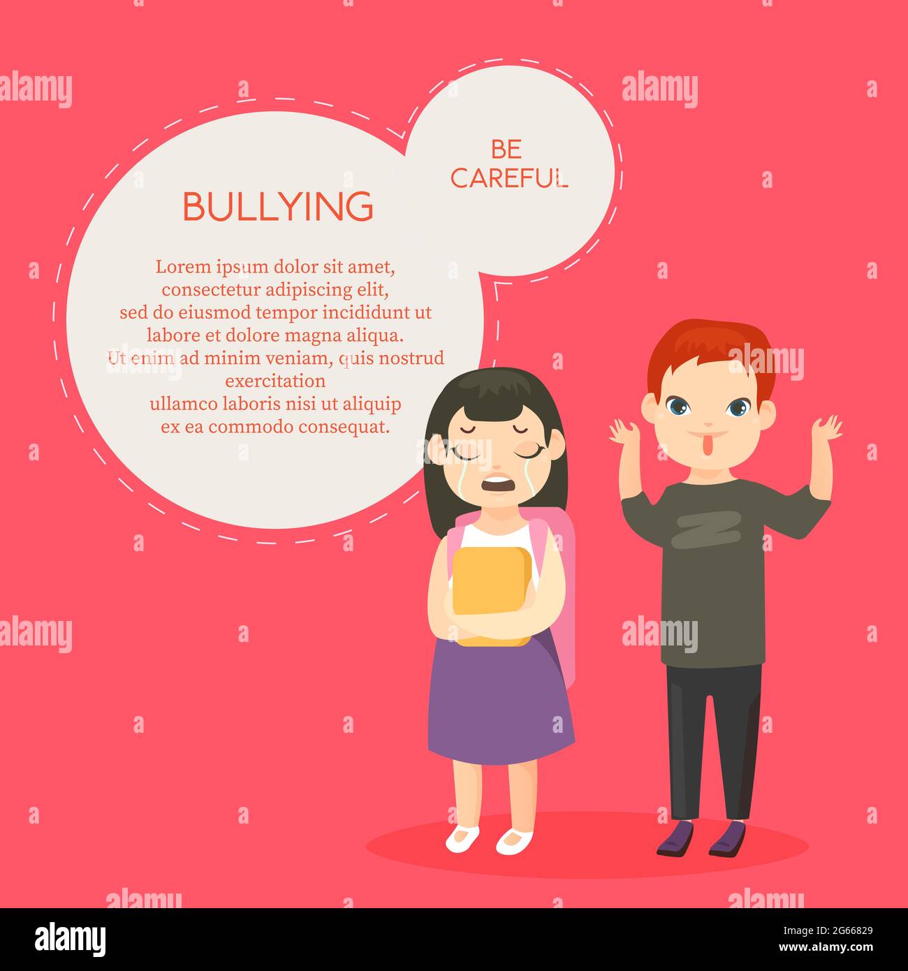 Bullying vector banner template with text space. Psychological abuse, school conflict flat illustration. Schoolchildren, teasing boy and crying girl Stock Vector