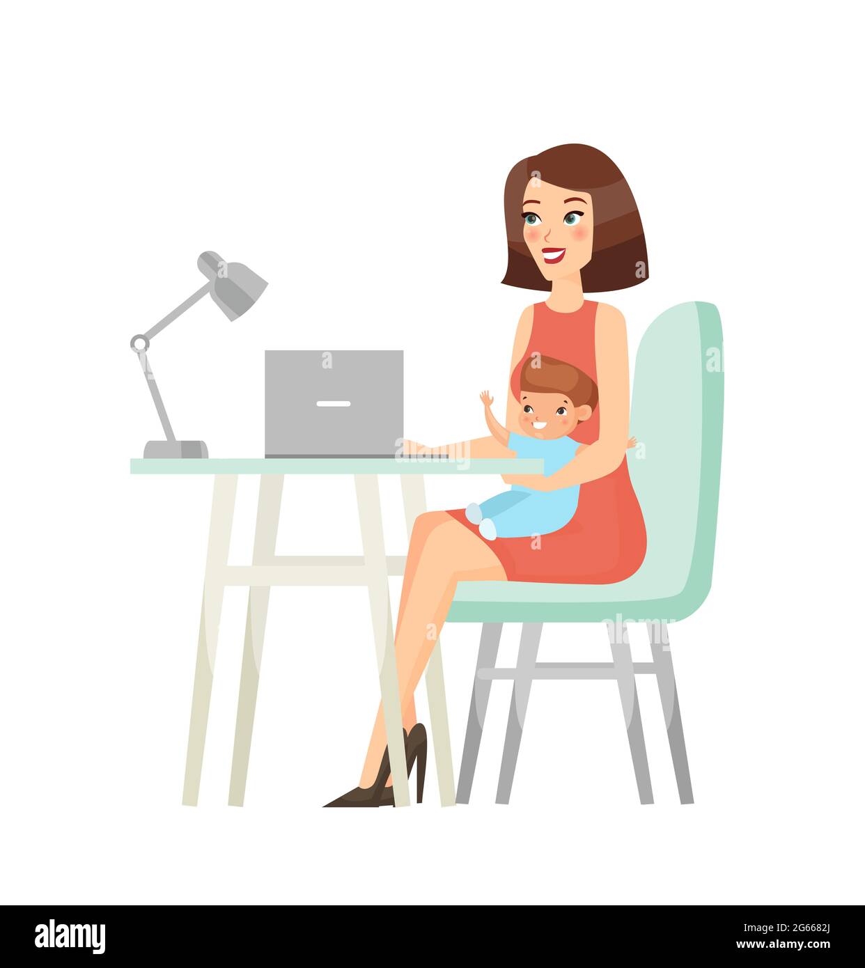 Working mother flat vector illustration. Businesswoman, female office manager with kid. Busy mom, young woman working on computer and baby cartoon Stock Vector