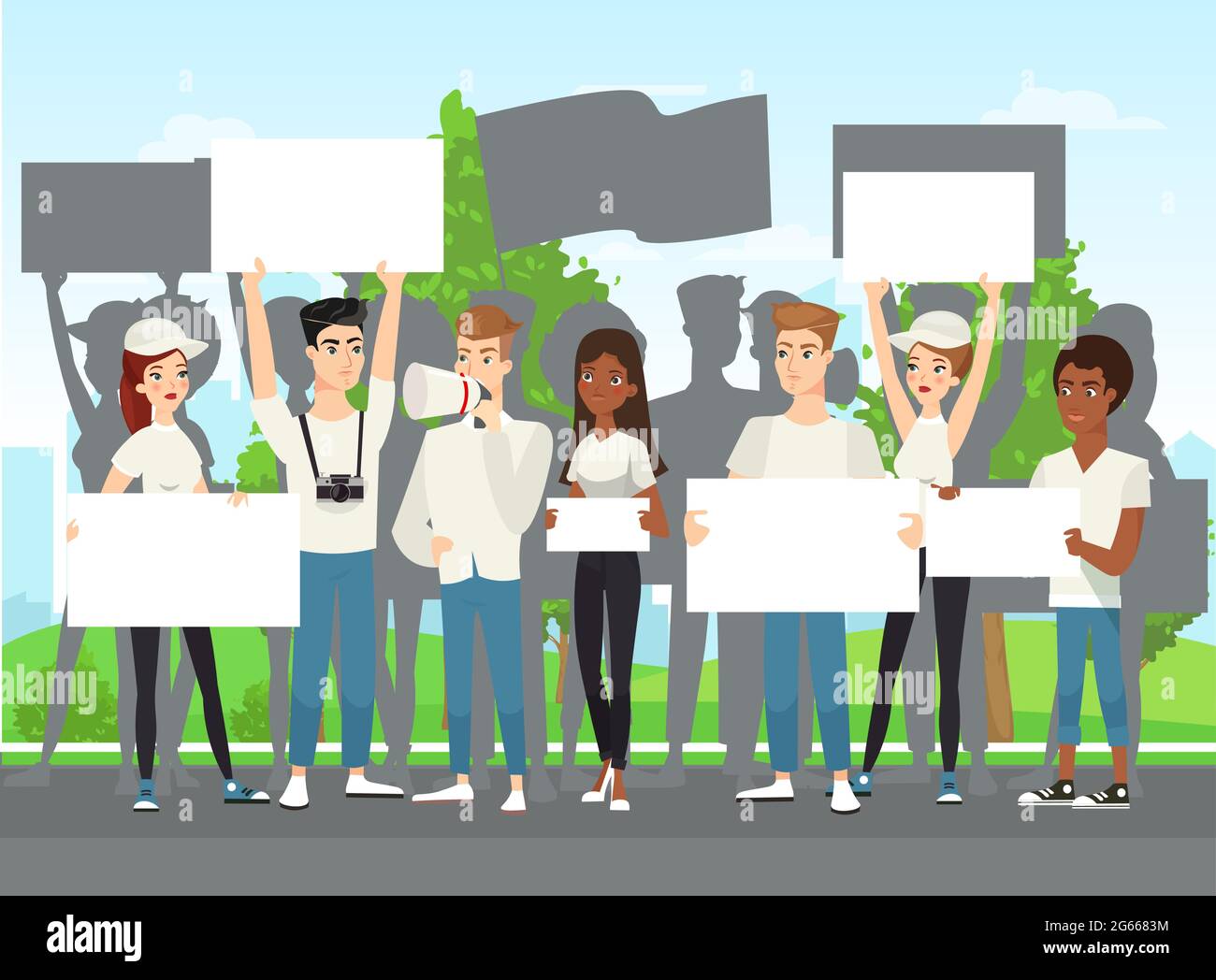 Street demonstration flat vector illustration. Protest, political rally, picket, rights protection. Demonstrators with loudspeaker and banners Stock Vector