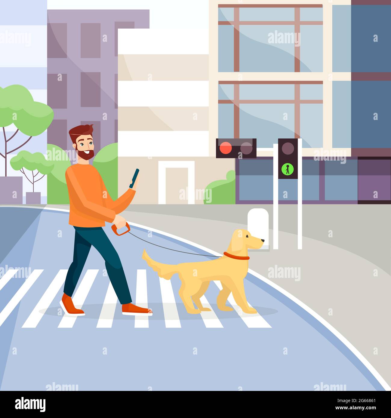 Man crossing street with guide-dog flat vector illustration. Crosswalk, traffic lights green signal. Blind people assistance concept. Guy with pet on Stock Vector