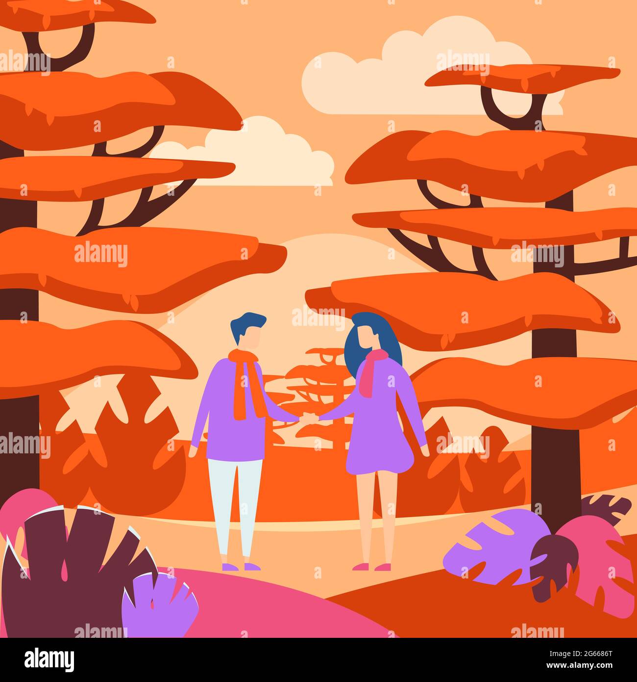 People in forest flat vector illustration. Outing, outdoor recreation, autumn season family walk. Young couple in park, girlfriend and boyfriend Stock Vector