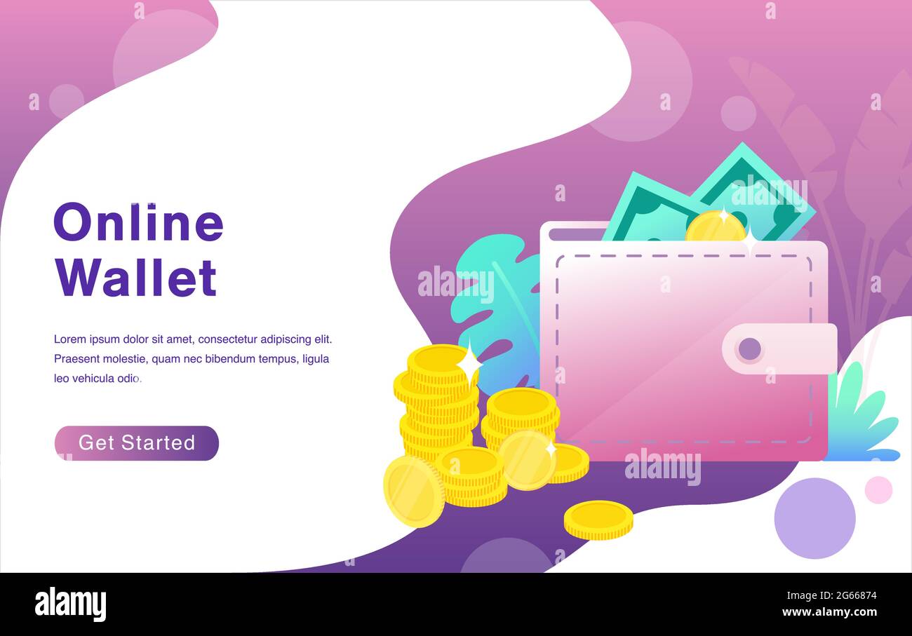 Online wallet cartoon flat vector illustration landing page concept. Financial saving and transfers Stock Vector