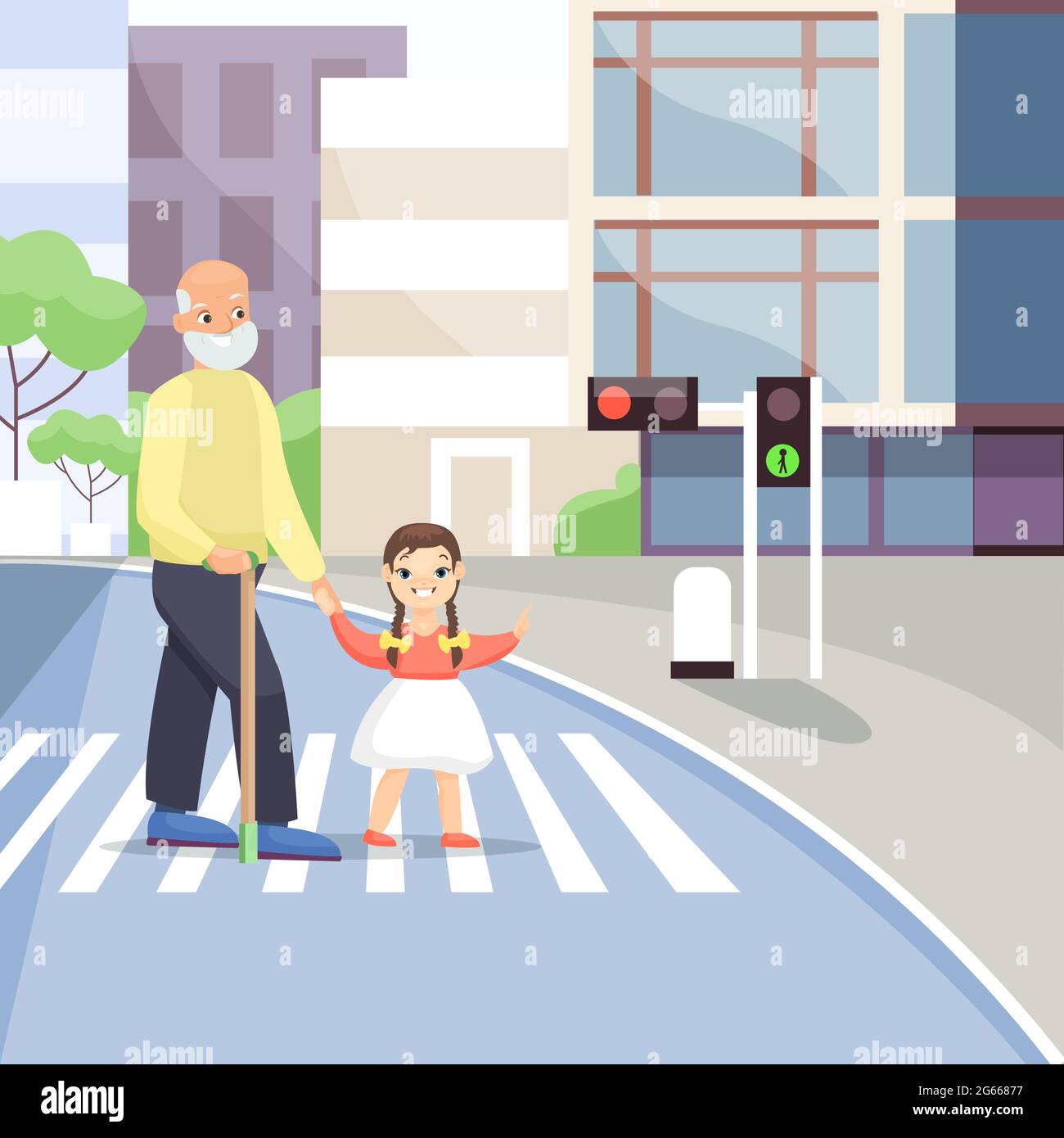 Old man crossing street flat vector illustration. Crosswalk, traffic lights signal. Senior people assistance concept. Grandfather and little girl on Stock Vector