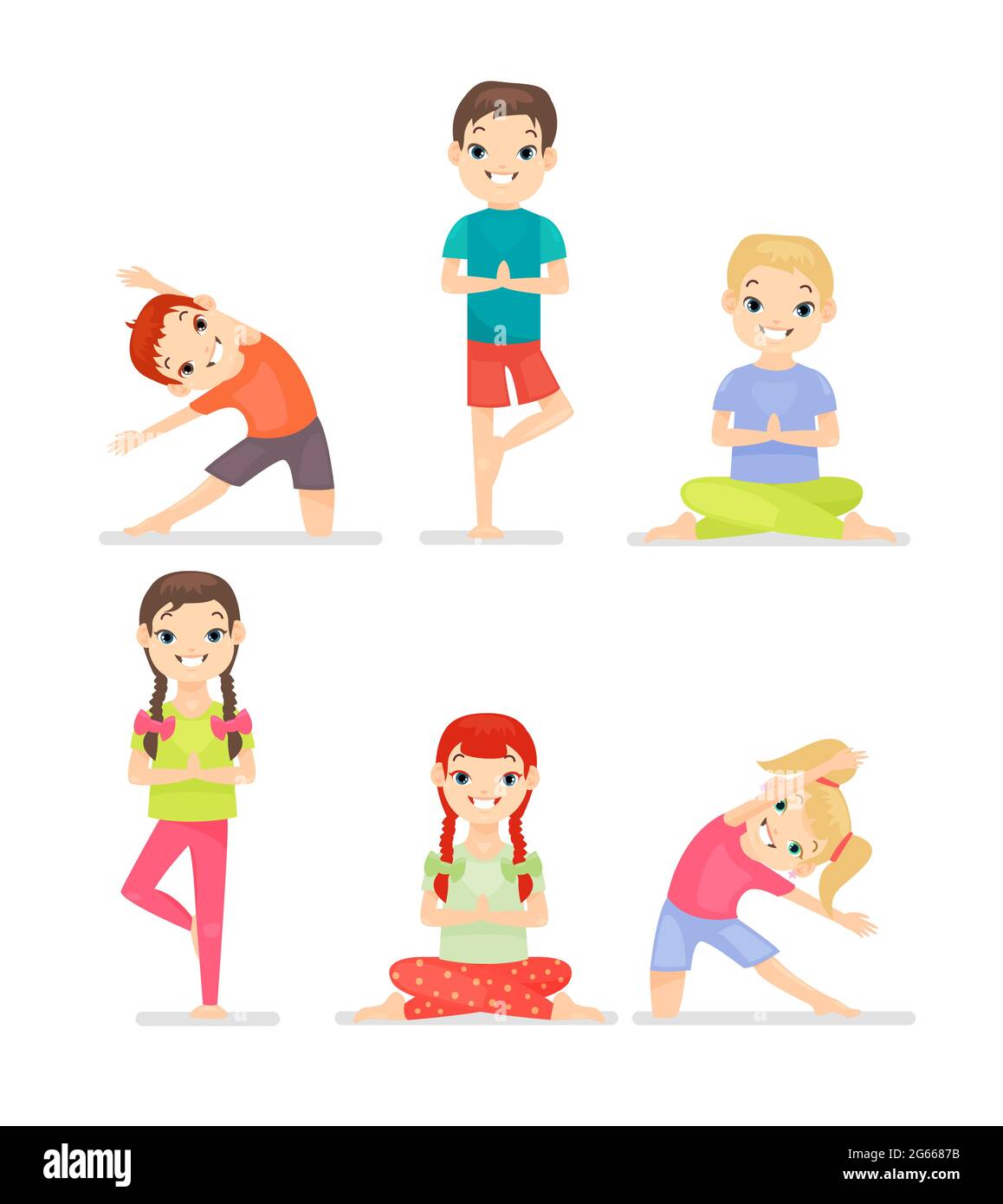 Kid yoga gymnastic exercises cartoon flat vector illustration set. Cute  boys and girls Stock Vector Image & Art - Alamy