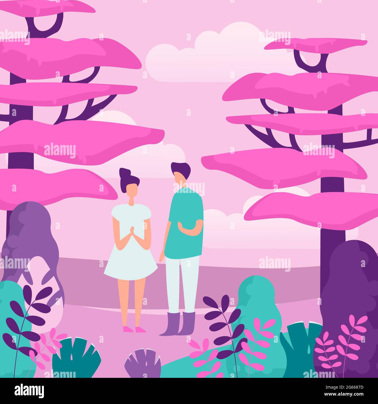 People and nature flat vector illustration. Outing, outdoor recreation, family walk. Young couple in forest, girlfriend and boyfriend, teenagers Stock Vector